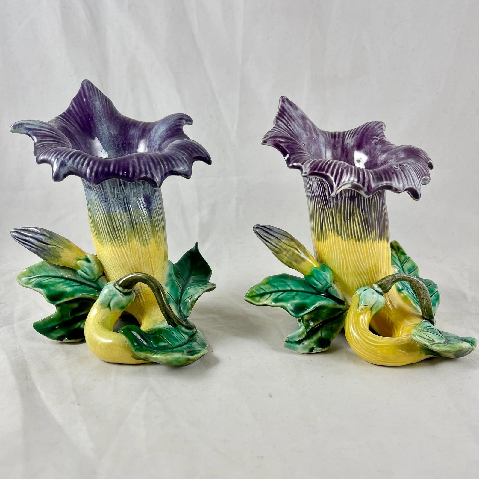 French Fives-Lille De Bruyn Purple Trumpet Vine Posy Vases, Circa 1890 - a Pair - 4