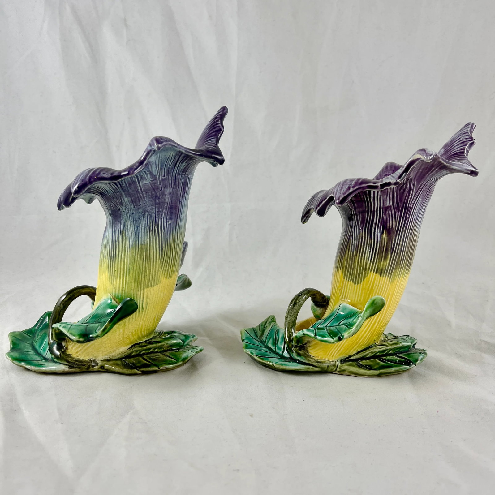 French Fives-Lille De Bruyn Purple Trumpet Vine Posy Vases, Circa 1890 - a Pair - 5