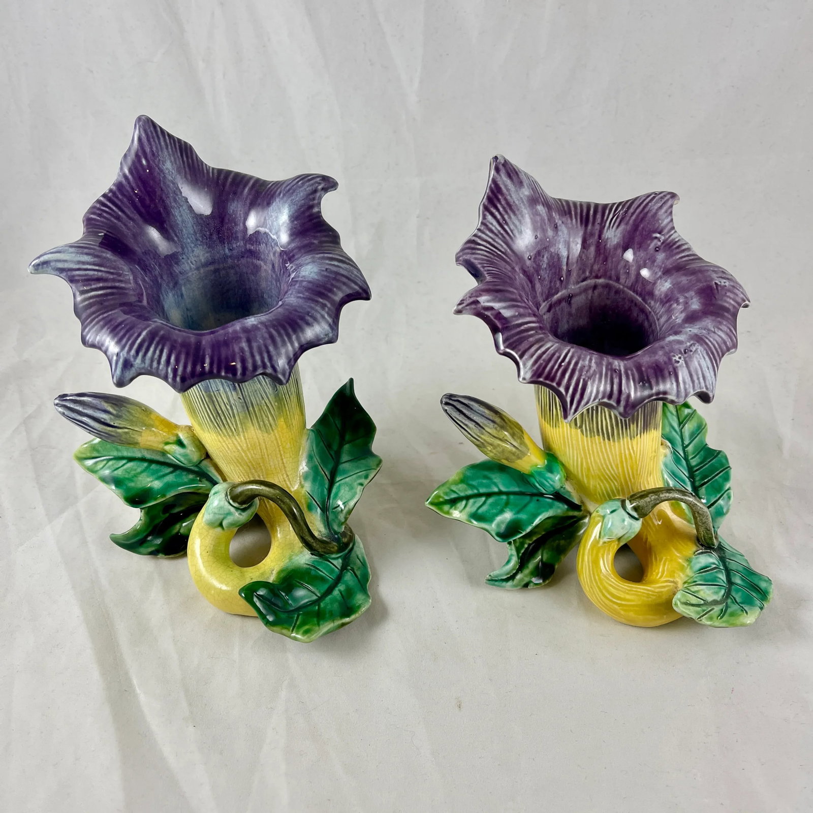 French Fives-Lille De Bruyn Purple Trumpet Vine Posy Vases, Circa 1890 - a Pair - 6