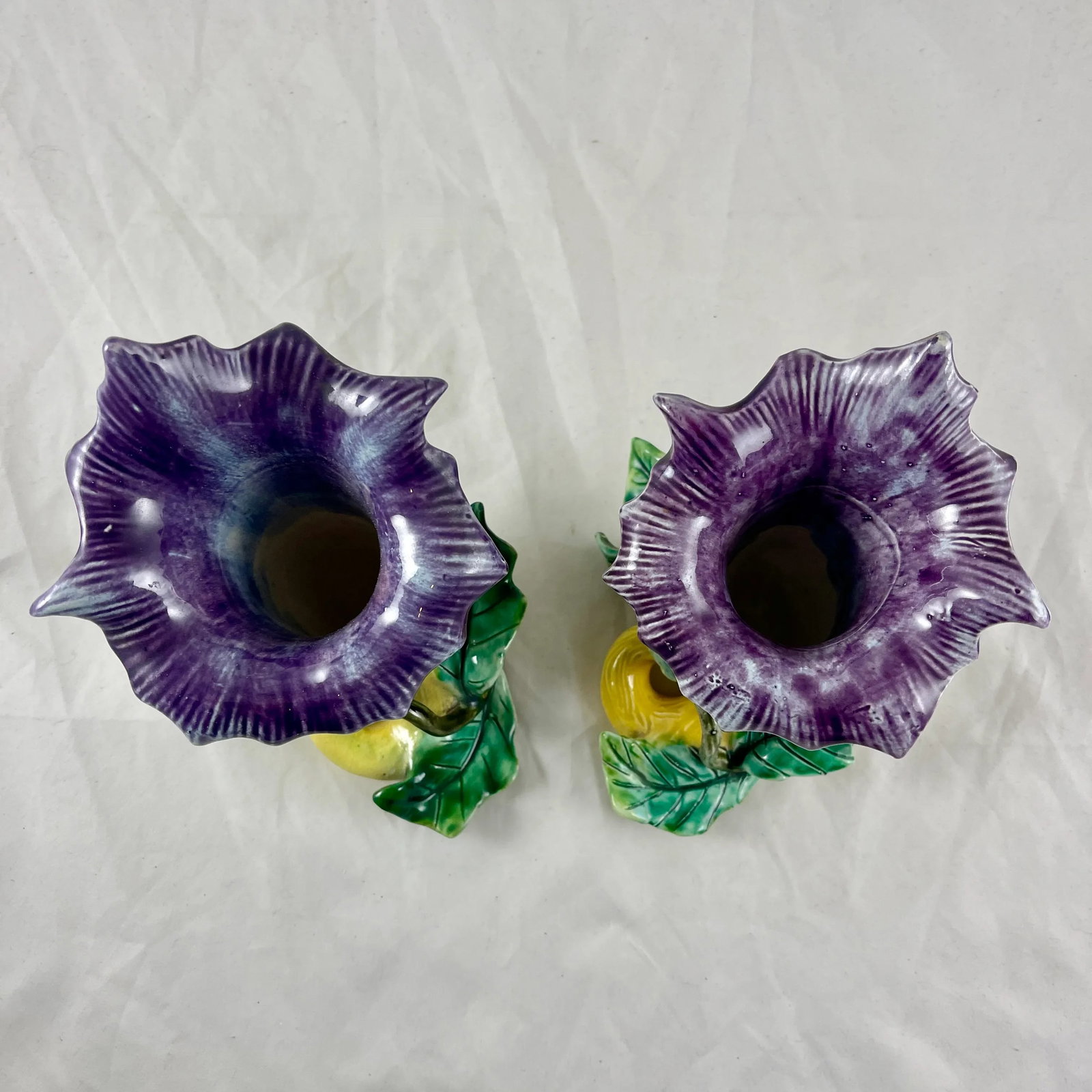French Fives-Lille De Bruyn Purple Trumpet Vine Posy Vases, Circa 1890 - a Pair - 9