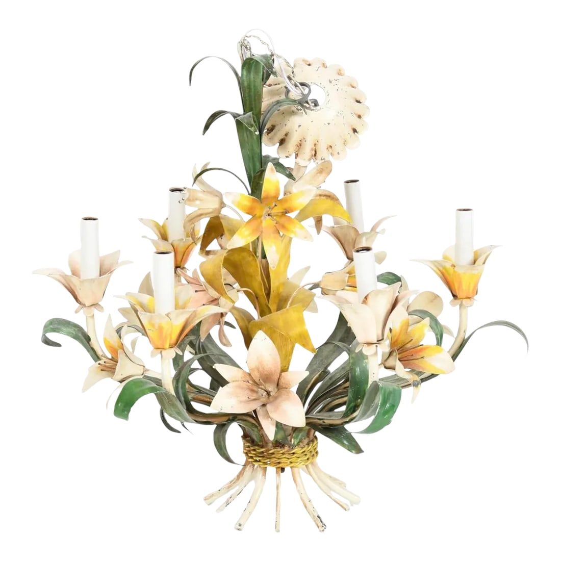 Mid Century Tole Floral Chandelier: Mid Century White, Yellow and Green Polychromed Tole Floral Chandelier in the form of Lilies. Condition: Alterations: Original Condition Unaltered Imperfections: Some Imperfections Condition Notes: