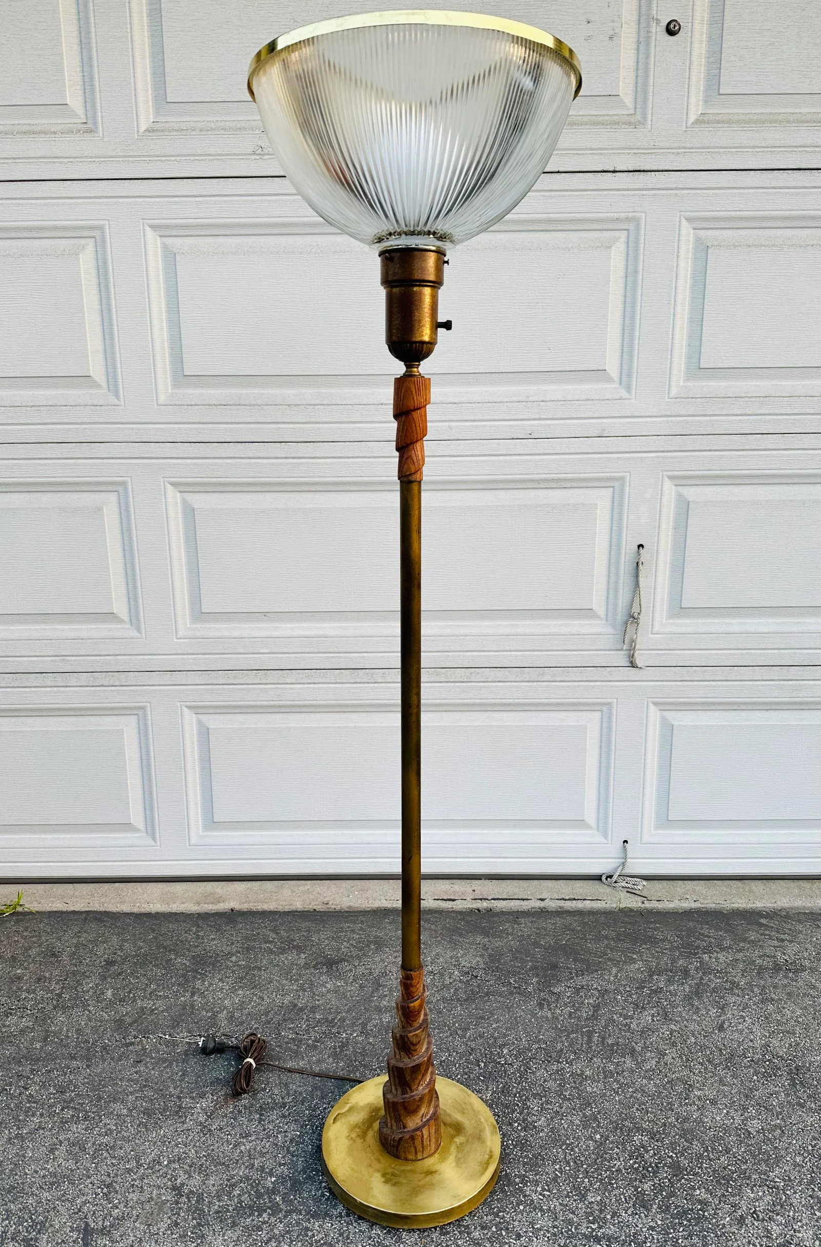 Art Deco Swirl Wood Brass Base Torchiere Floor Lamp - 12