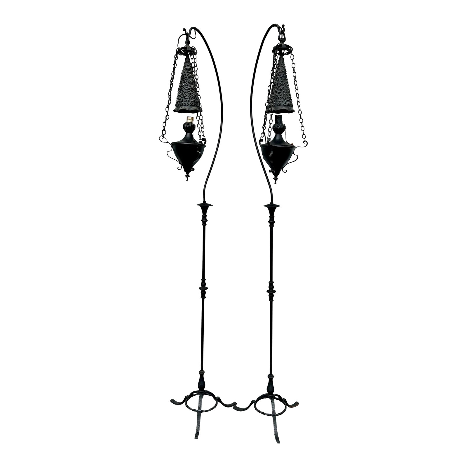 Set of Two Early 20th Century Spanish Revival Metal Floor Lamps: **Lamps have recently been professionally re-wired. Price has been increased slightly to reflect this improvement. (New photos showing the new wiring will be posted soon)** A pair of unusual Spanish