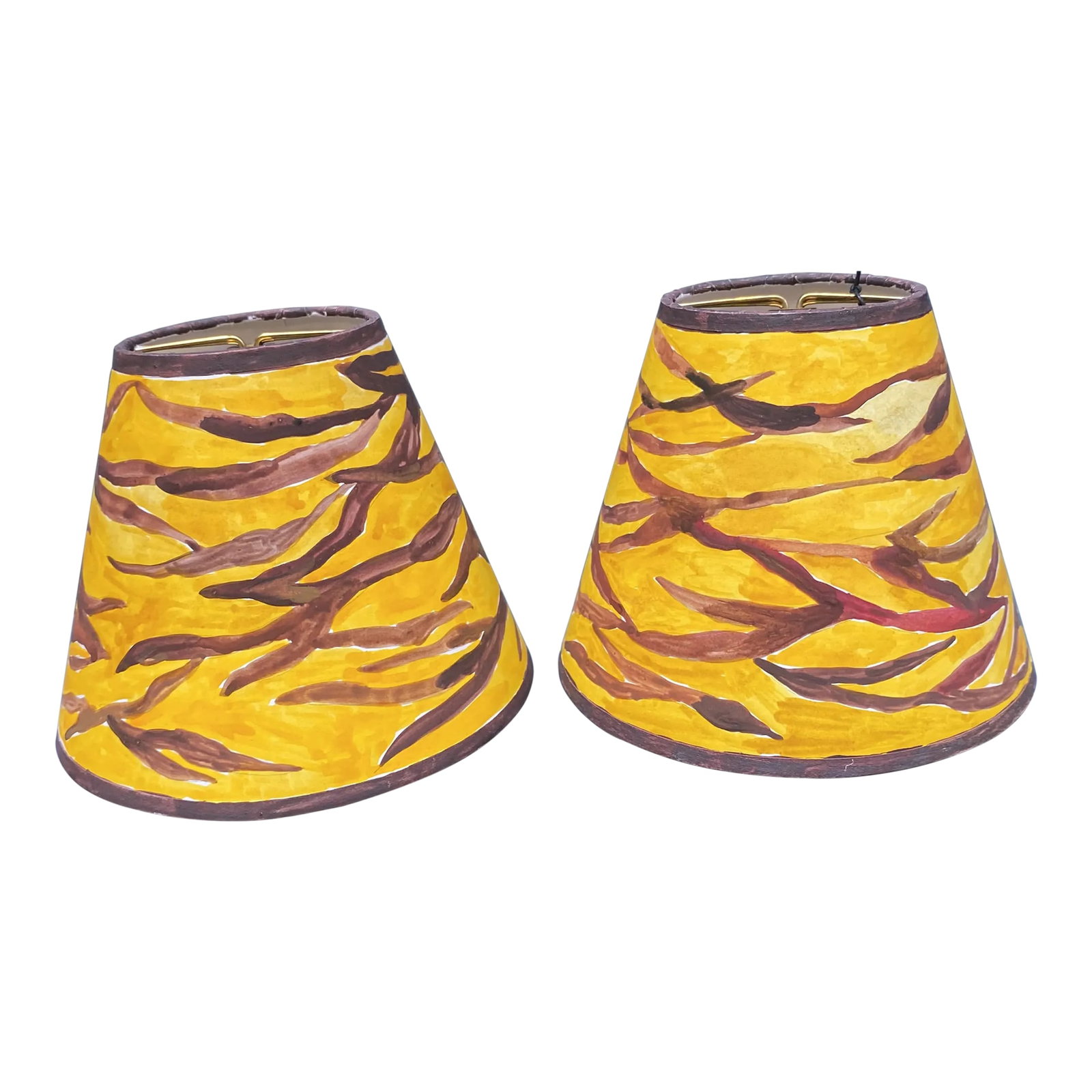 Happy Menocal Contemporary Hand Painted Bistro Lampshades - a Pair: Pair of mini bistro lampshades painted by Happy Menocal. 6" diameter at bottom, 3.75" diameter at top, 5.25" high Lamp bases are not included Condition: Imperfections: No Imperfections Origin: United