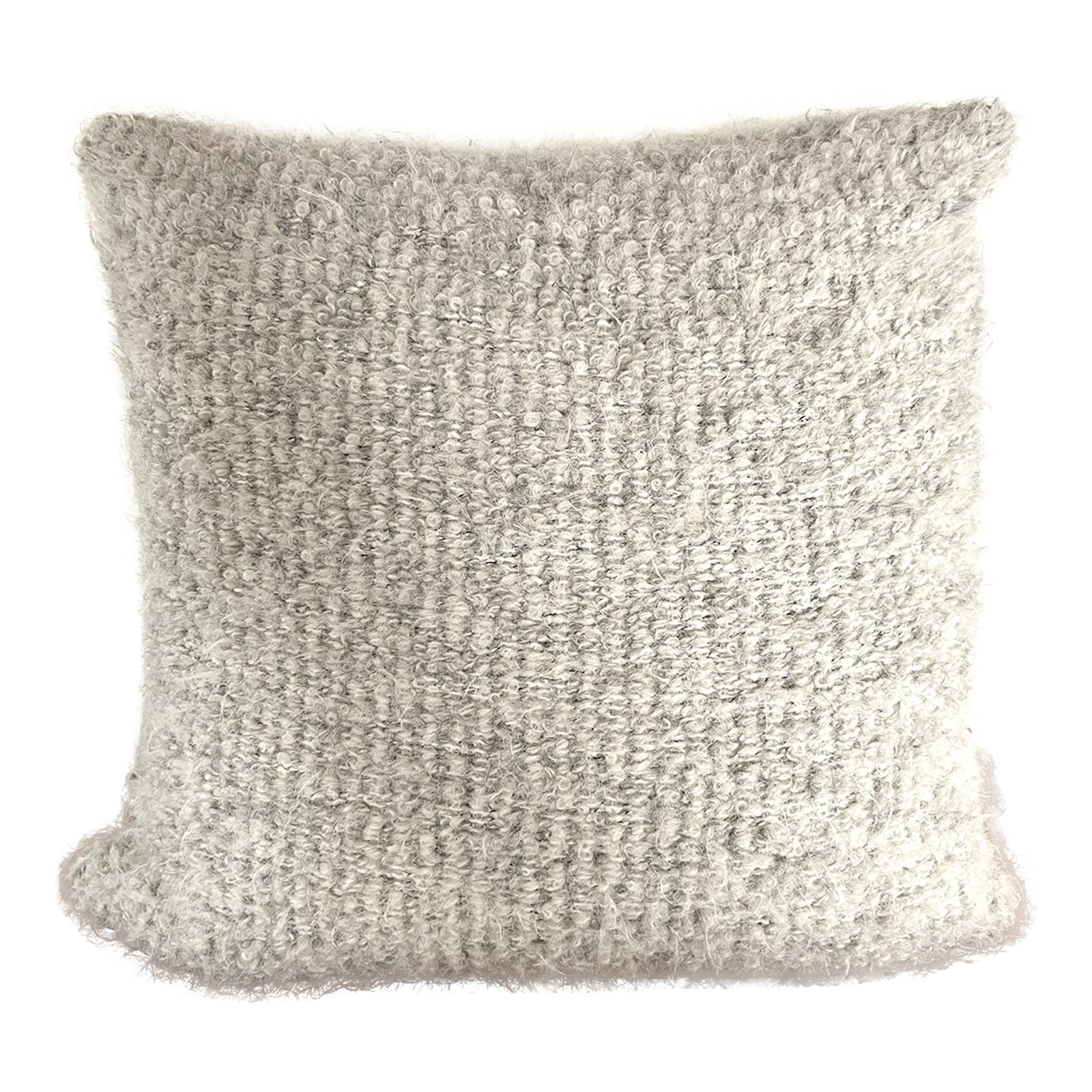 Boucle Mohair and Leather Throw Pillow in Grey and Taupe by Pierre Frey, 18" X 18": Luxury decorative pillow made with Pierre Frey's Scarlette Plume boucle, featuring a blend of alpaca, mohair, and merino wools to create this stunning woven texture. The reverse side of the pillow is
