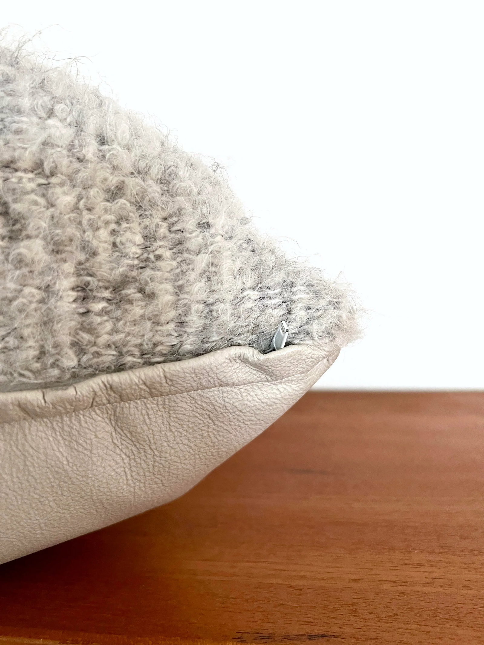 Boucle Mohair and Leather Throw Pillow in Grey and Taupe by Pierre Frey, 18" X 18" - 8