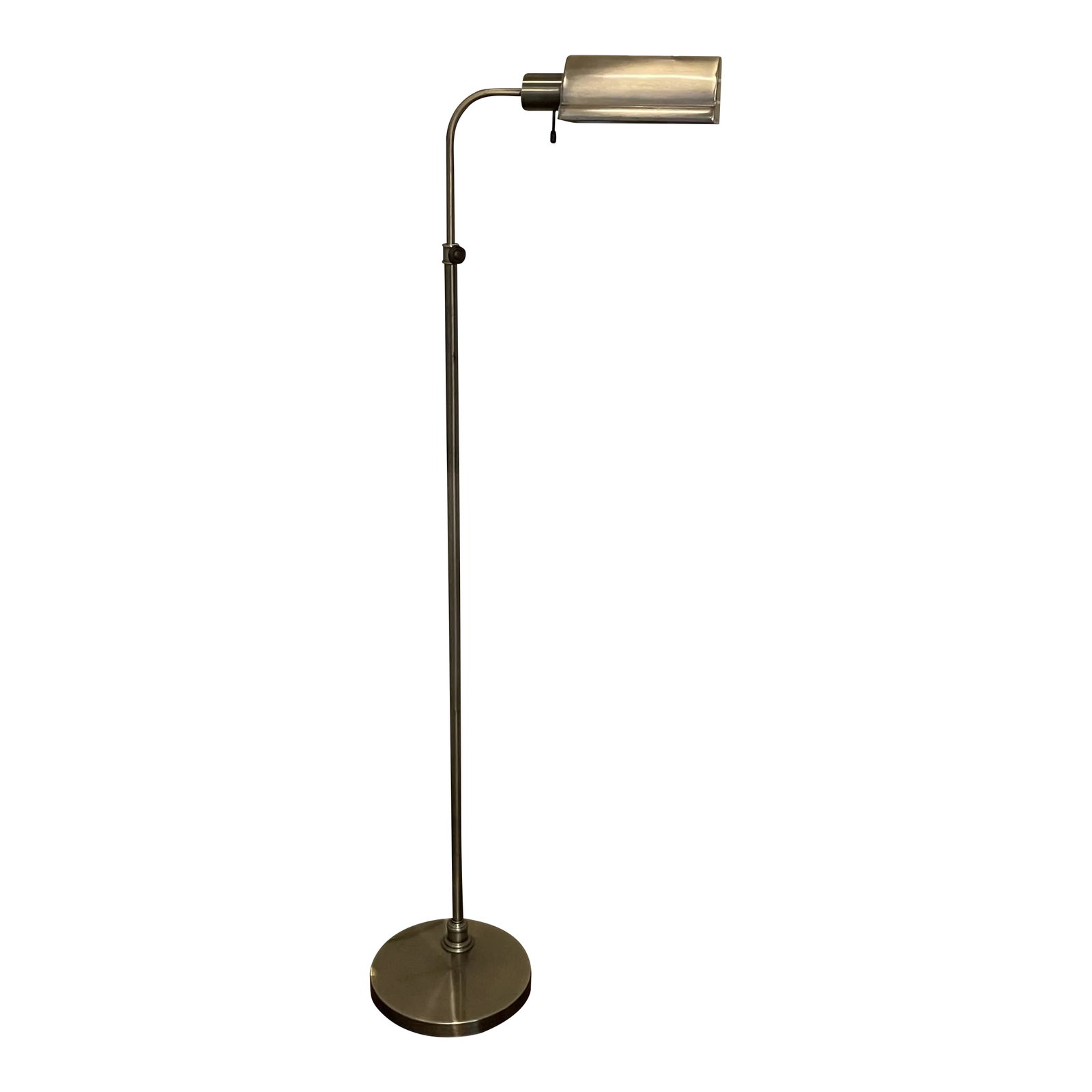 Brushed Nickel Bankers Floor Lamp: Brushed Nickel Adjustable Height Bankers Style floor lamp with round base. Can adjust height and left or right side. Condition: Alterations: Original Condition Unaltered Imperfections: Some