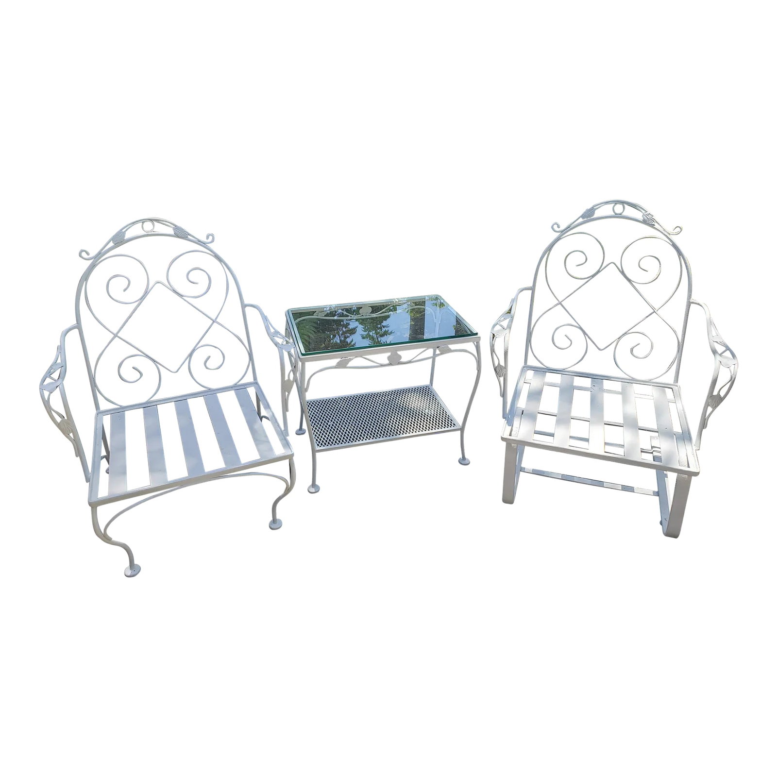 Vintage 3 Piece Wrought Iron Seating Set, Attributed to Meadowcraft: Offered is a lovely, vintage 3 piece set, including a bounce chair, a matching chair and 2 tier table. This was found in a farm auction in Lancaster, Pa, required some work to restore but always had