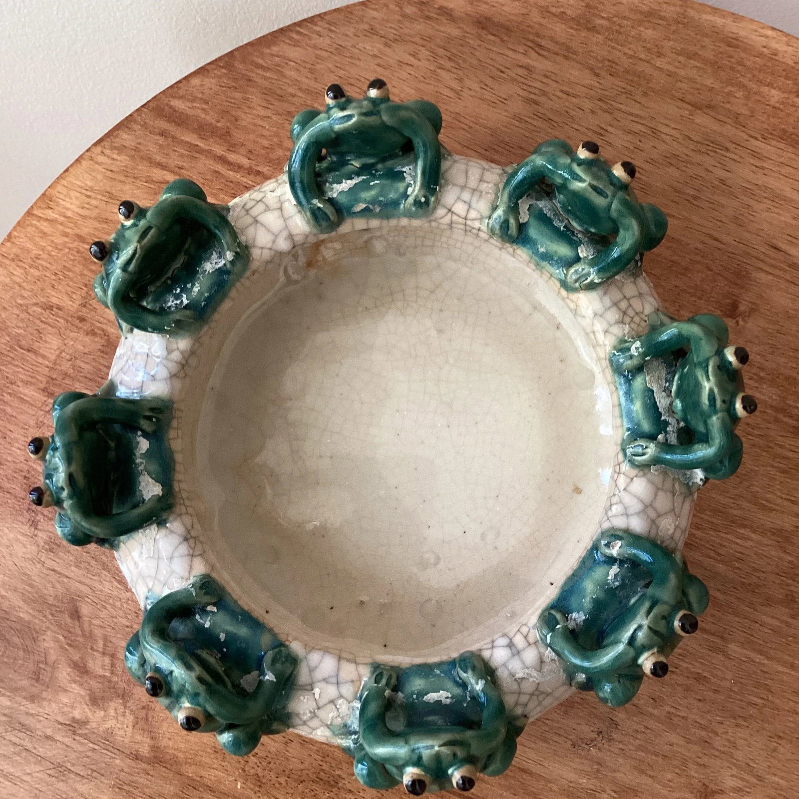 Antique English Majolica Glazed Ceramic Frog Catchall Bowl Planter - 12