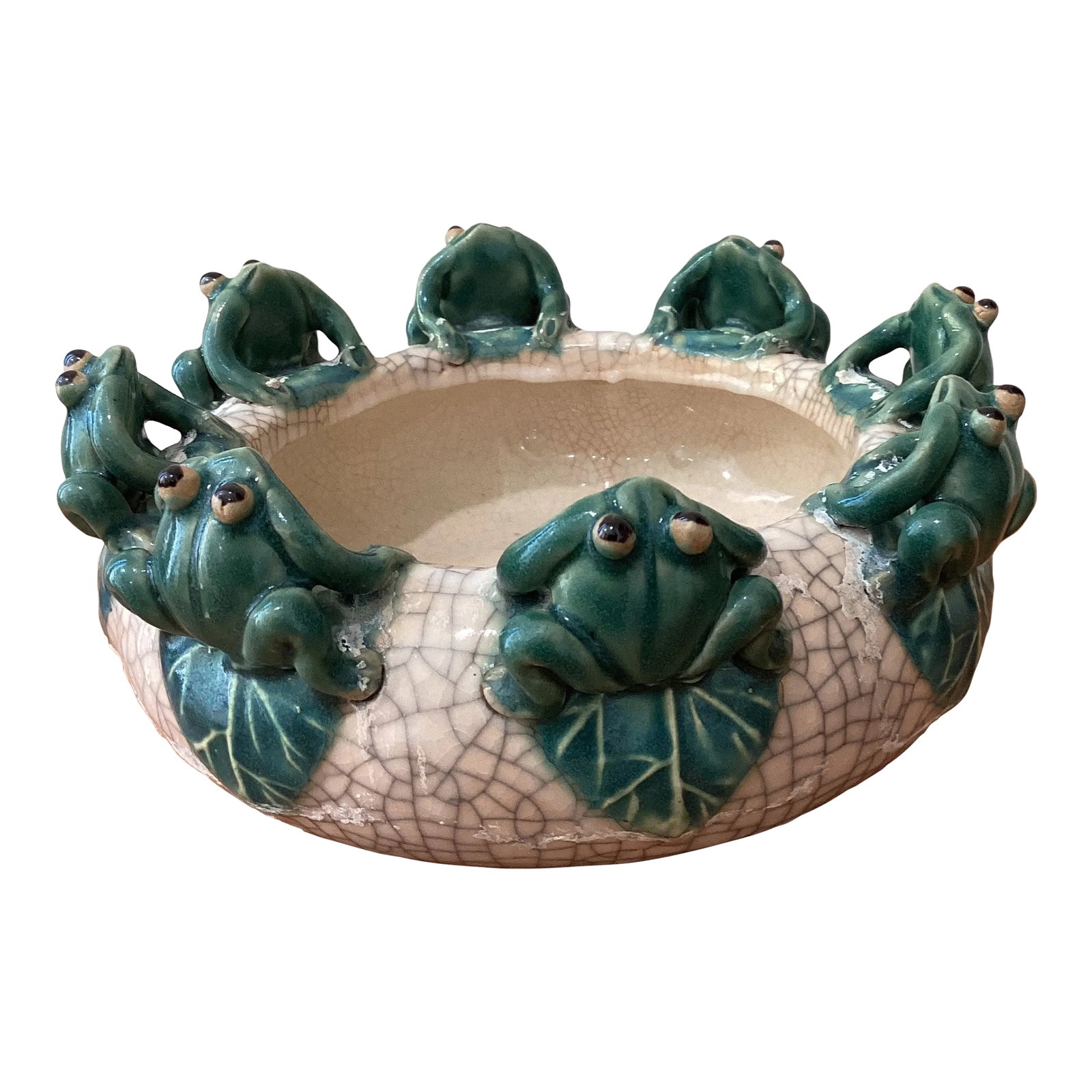 Antique English Majolica Glazed Ceramic Frog Catchall Bowl Planter: Antique English Majolica Glazed Ceramic Frog Catchall Bowl Planter Stunning antique English Majolica Green Planter with 8 sculptural frogs perched on the outer rim. This is a lovely piece in