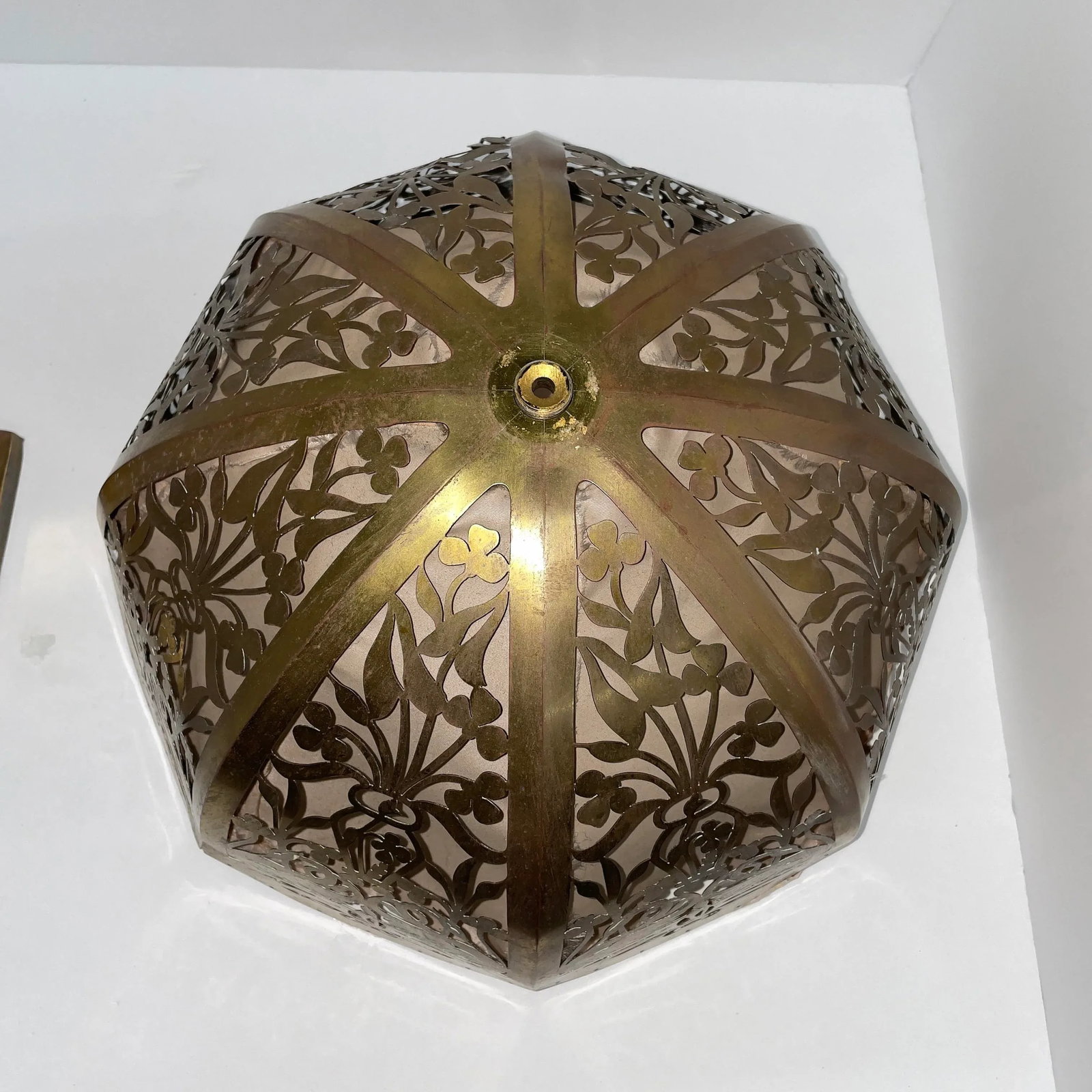 Circa 1920s Antique Brass Lamp With Reticulated Brass Lampshade - 8