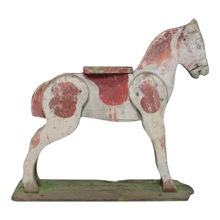 Antique Folk Art Child's Toy Wood Horse: Antique folk art painted wood child's toy horse seat or figurine, c.1850 Well used and loved showing age and use wear. Hand painted in off white and red that has worn and aged over time.. Sturdy