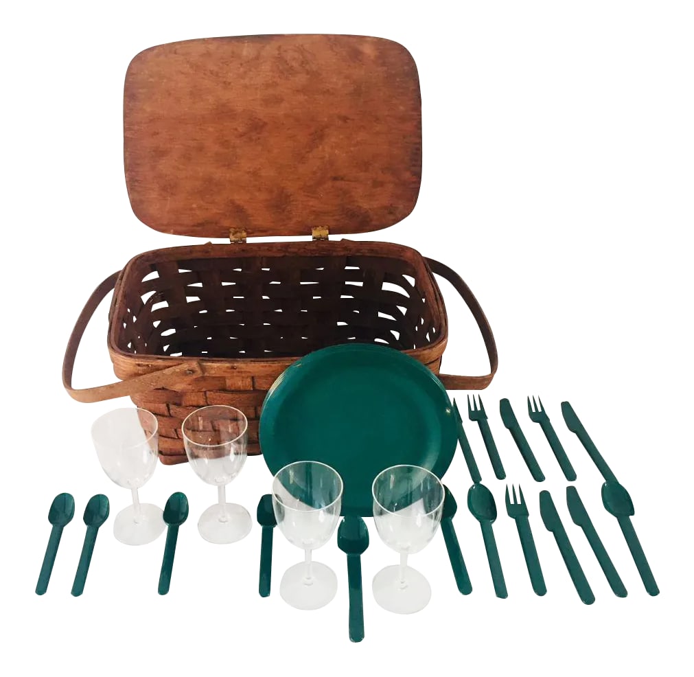Vintage Service for 4 Dishes & Woven Picnic Basket - 21 Piece: Vintage wood splint woven pinic basket with hinged lid and 2 swing handles, comes with service for four green melmac plates, four plastic wine glasses and service four utensils made in Canada, they