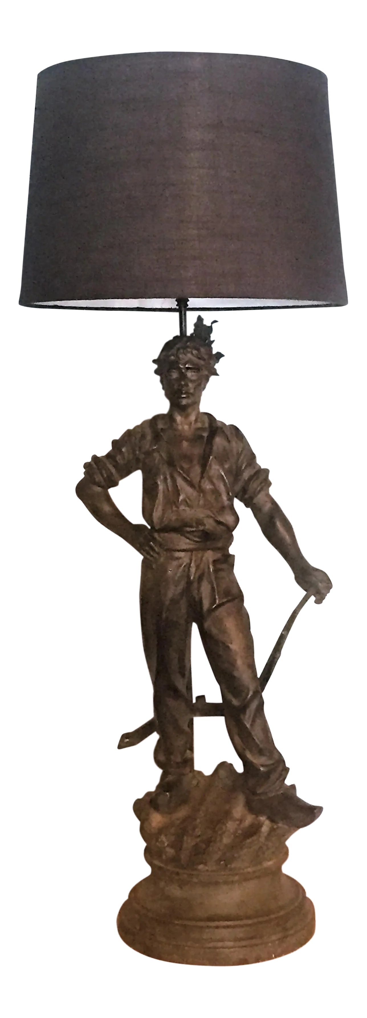 Large Figural Lamp of a Dutch Plowman: Slag (Spelter) Statue of a Stalwart Dutch(?) Plowman, circa 1915, with shade. This male figure lamp is signed "Pieffer" / "France" and with attached medallion reading "Fabrication Francaise / Paris /