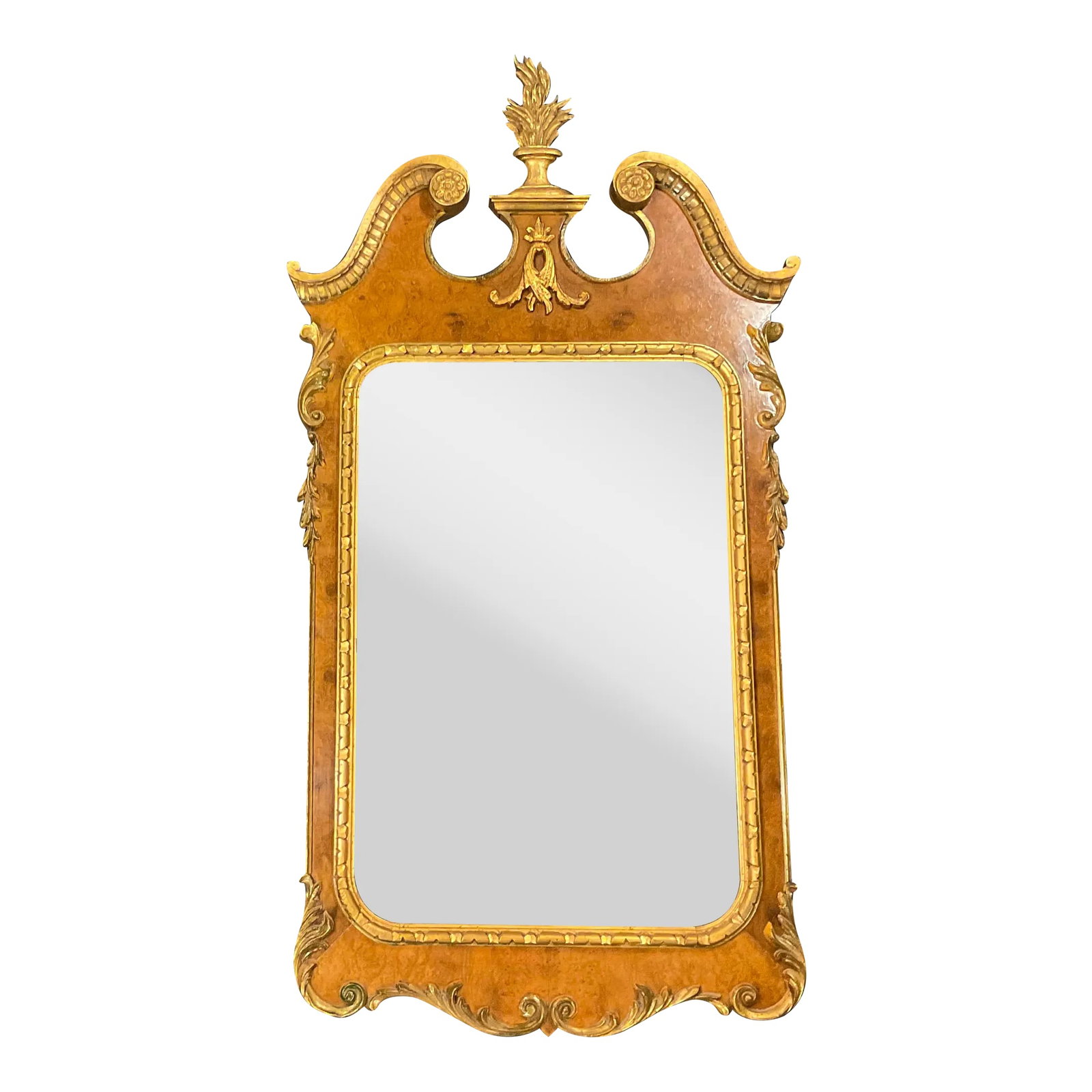 Vintage Italian Regency Empire Large Scale Burl Wood and Gilt Wall Mirror: We are pleased to present this stunning Burl Wood and Hand Carved Gilt Wood Large Scale Wall Mirror. Crafted in Italy, this Empire Regency mirror was sold in the United States by Davis Cabinet