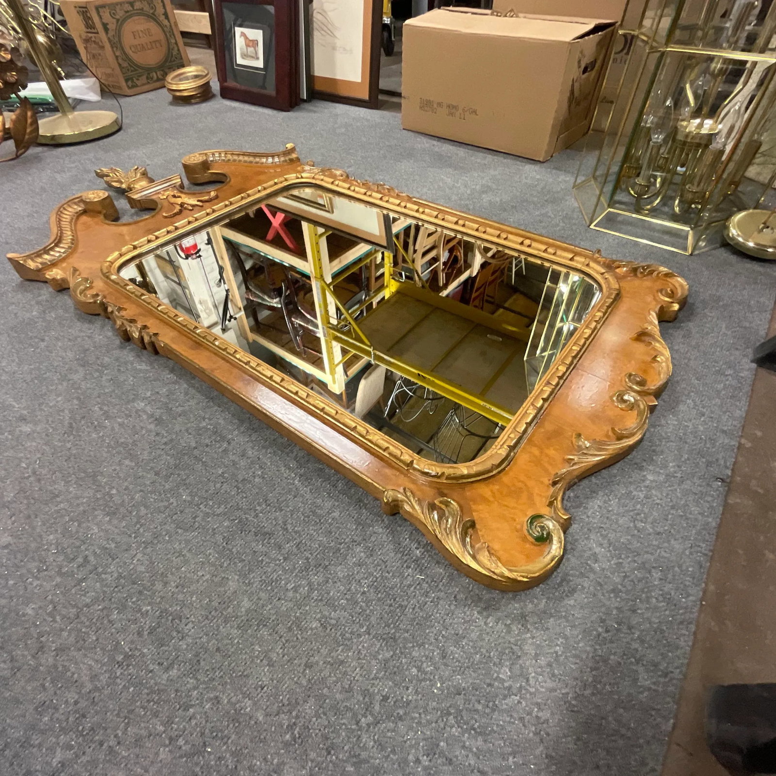 Vintage Italian Regency Empire Large Scale Burl Wood and Gilt Wall Mirror - 7