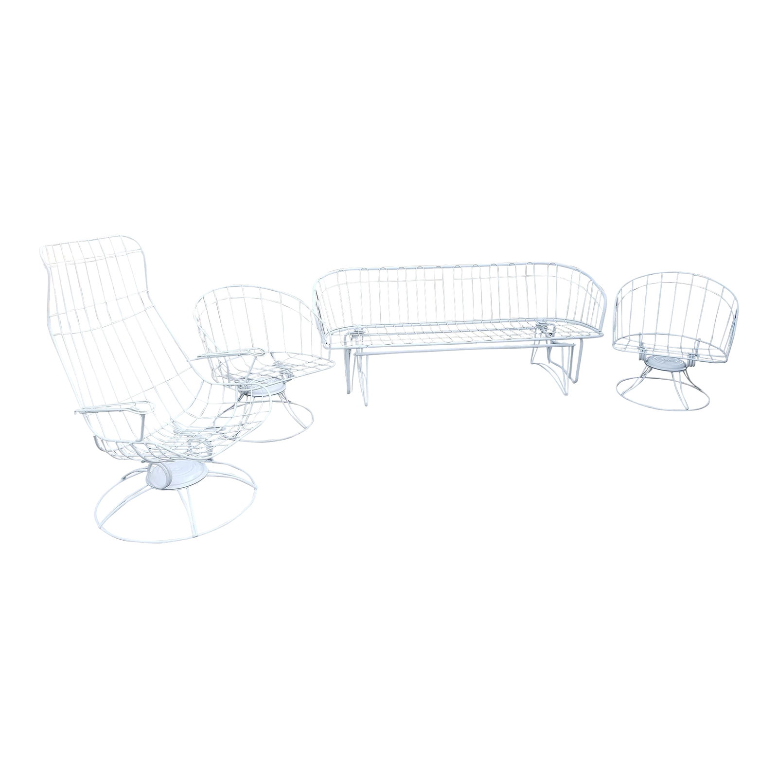 Vintage Homecrest Glider, Lounge and Swivel Chairs, 4 Pieces: Offering a 4 piece set of vintage, unmarked, but believed to be, Homecrest furniture, with a hard to find, large sofa-size glider, a swivel/rocker lounge chair and 2 swivel/rocker chairs. Homecrest
