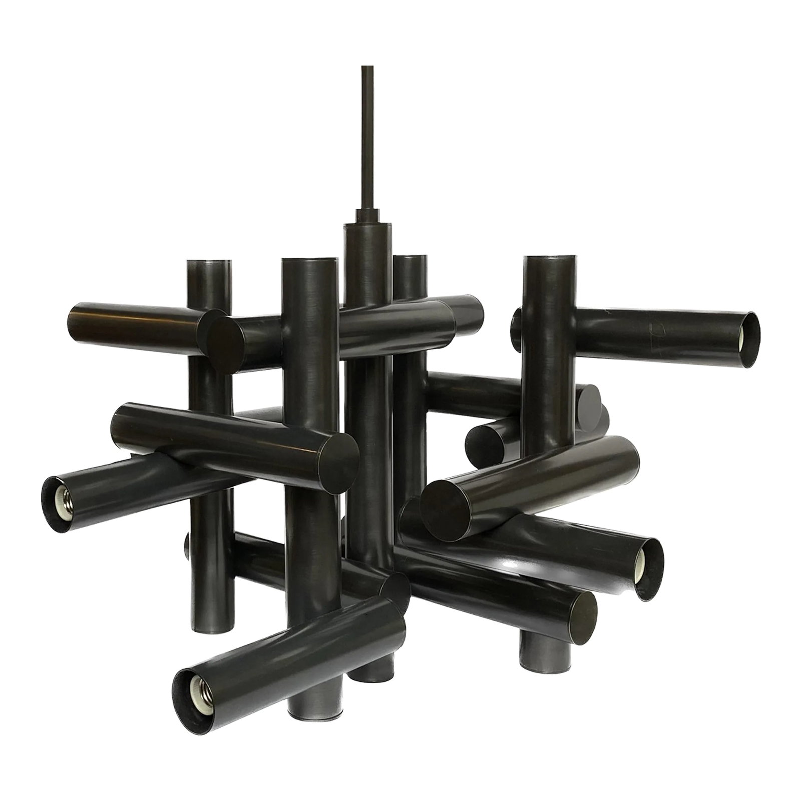 Jonathan Adler Modern Tubular Milano Kinetic Chandelier, Bronze: Modern tubular Milano chandelier by Jonathan Alder, for Robert Abbey. This sculptural tiered statement chandelier features a deep bronze tone metal. This was a floor model in our showroom and is