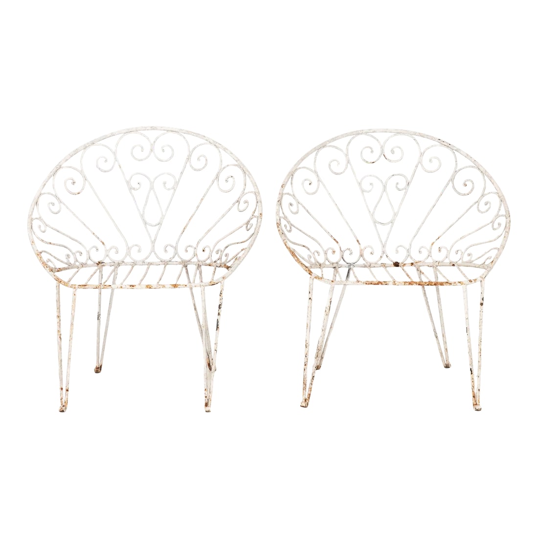 Pair of White Round Garden or Bistro Chairs, 1970s: Introducing a sophisticated pair of 1970s French white painted iron garden chairs, elegantly designed to enhance the ambiance of any outdoor space. These exquisite chairs, skillfully crafted from