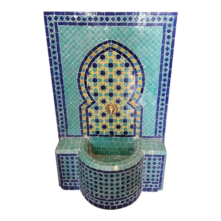 Aqua, Blue and Yellow Moroccan Mosaic Tile Fountain: Just arrived !! Aqua, blue and yellow handmade Moroccan mosaic tile fountain made in Marrakech, Morocco. This amazing fountain measures approximately 51" high and 30" wide and comes with a boar's