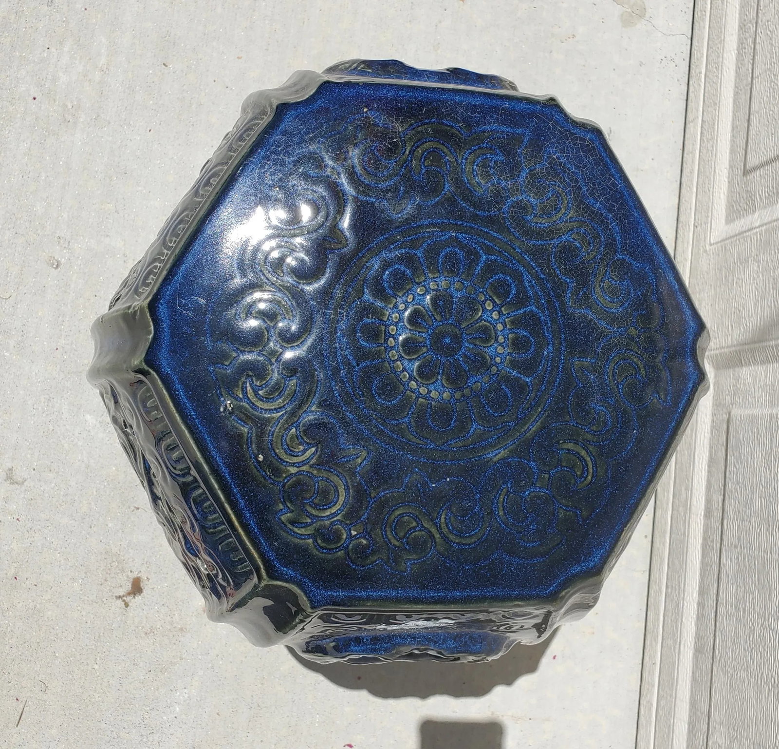1980s Vintage Indigo Blue Glazed Hexagon Asian Pottery Garden Stool Table - 10