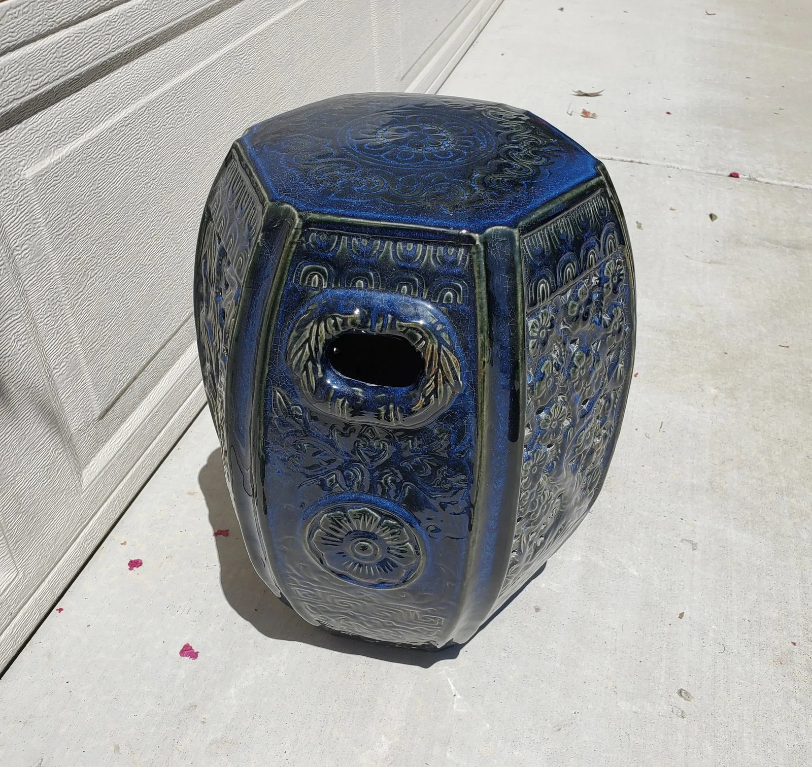 1980s Vintage Indigo Blue Glazed Hexagon Asian Pottery Garden Stool Table - 11