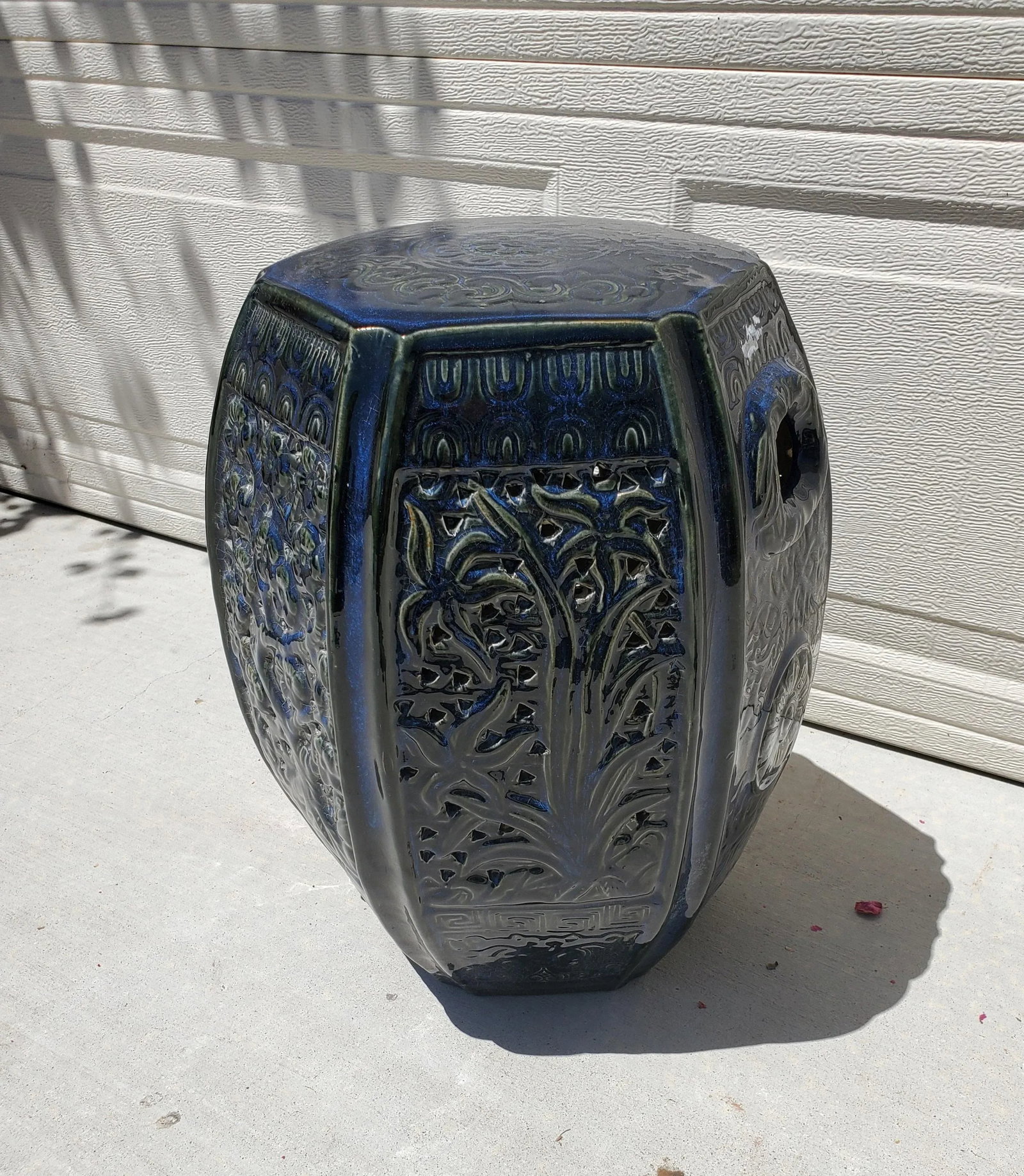 1980s Vintage Indigo Blue Glazed Hexagon Asian Pottery Garden Stool Table - 12