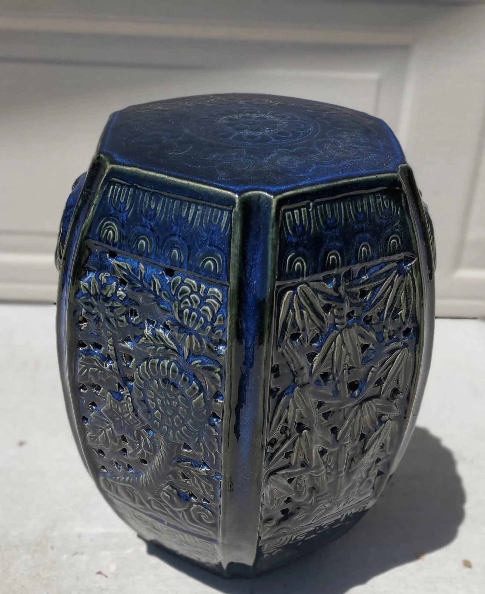 1980s Vintage Indigo Blue Glazed Hexagon Asian Pottery Garden Stool Table - 13