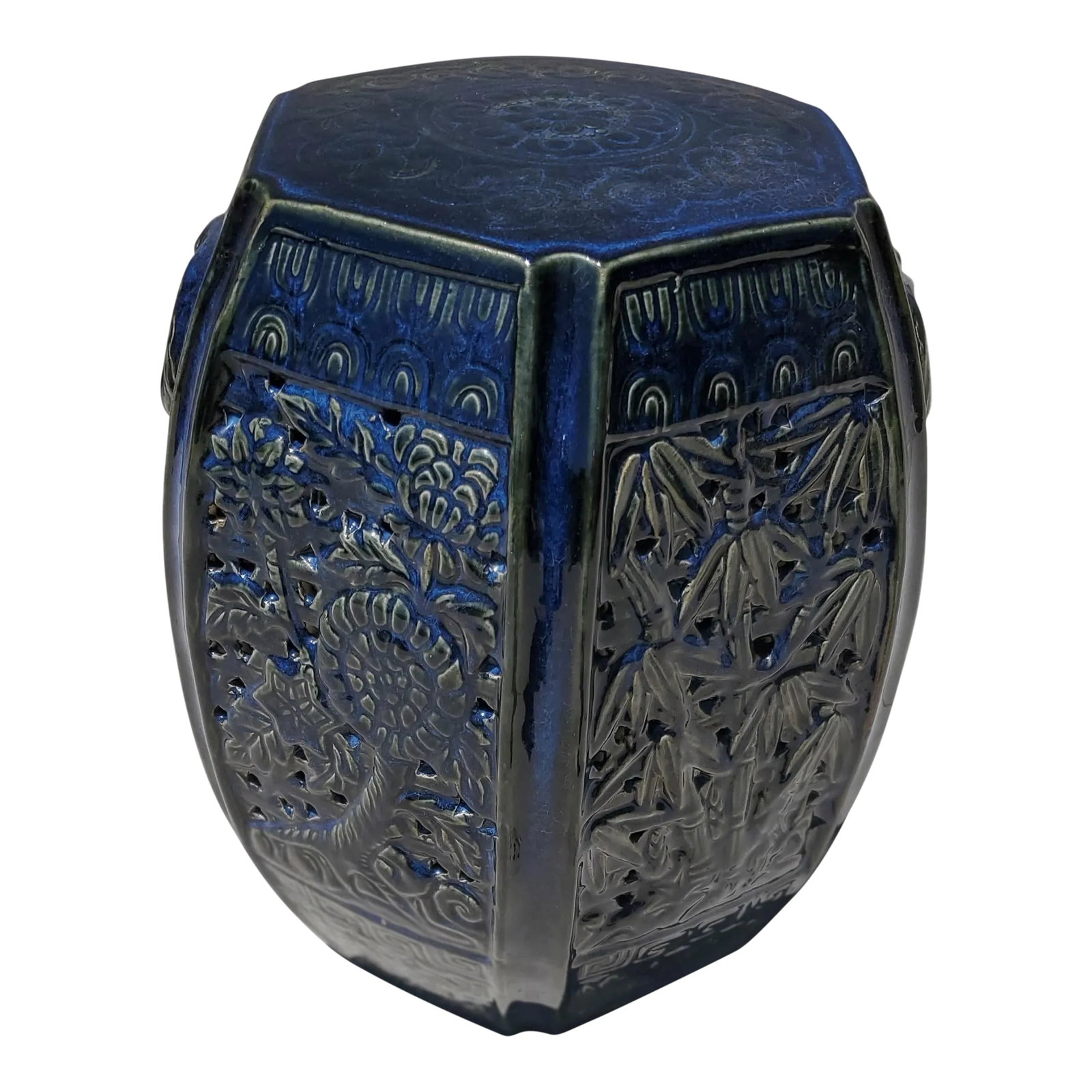 1980s Vintage Indigo Blue Glazed Hexagon Asian Pottery Garden Stool Table: Vintage Indigo Blue Glazed Hexagon Asian Pottery Garden Stool Table Circa 1980. This is a handmade Asian accent decorative garden clay stool in a hexagonal shape with tiny open holes on floral, bamboo