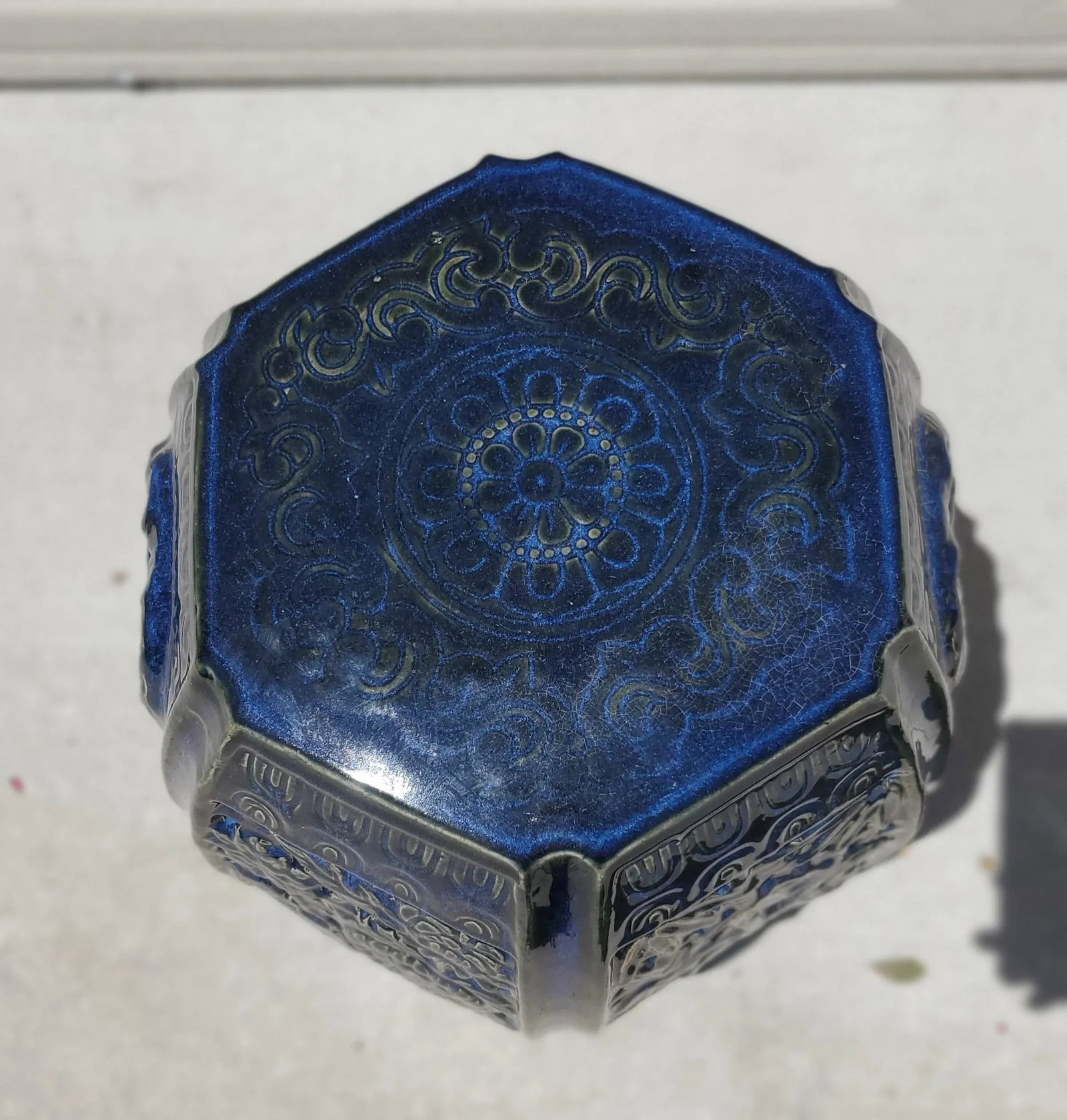 1980s Vintage Indigo Blue Glazed Hexagon Asian Pottery Garden Stool Table - 2