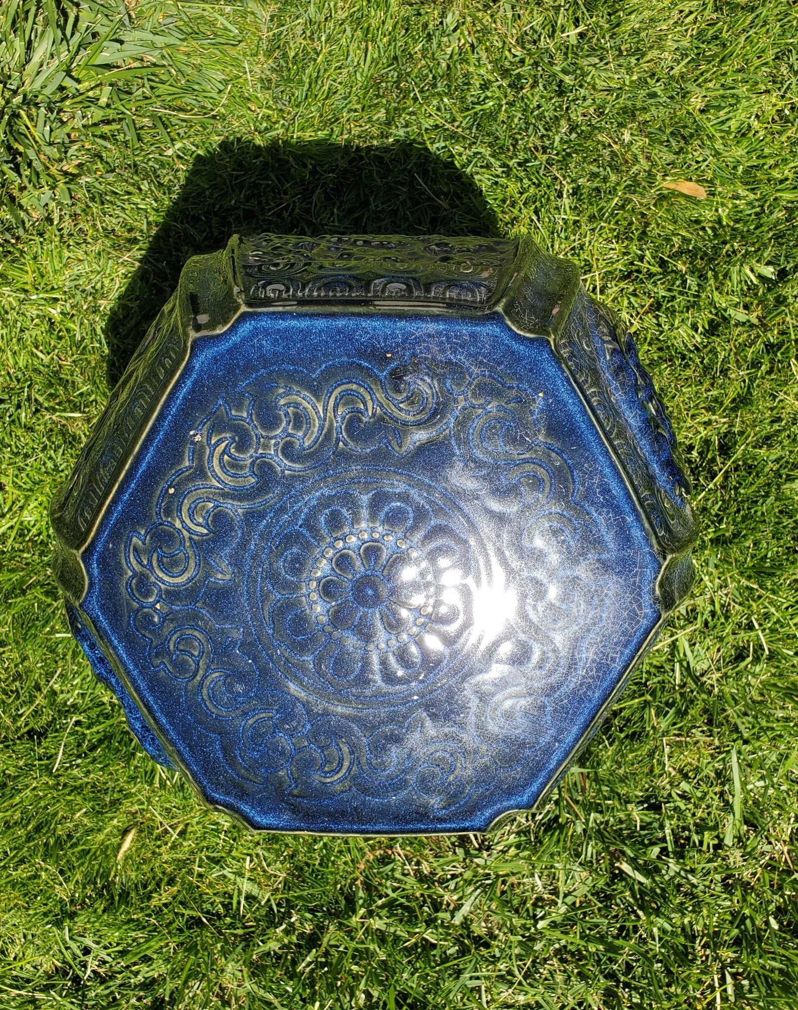 1980s Vintage Indigo Blue Glazed Hexagon Asian Pottery Garden Stool Table - 3
