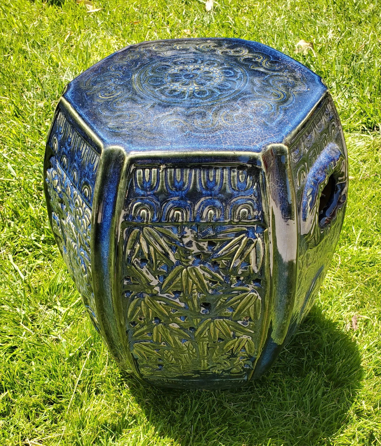 1980s Vintage Indigo Blue Glazed Hexagon Asian Pottery Garden Stool Table - 4