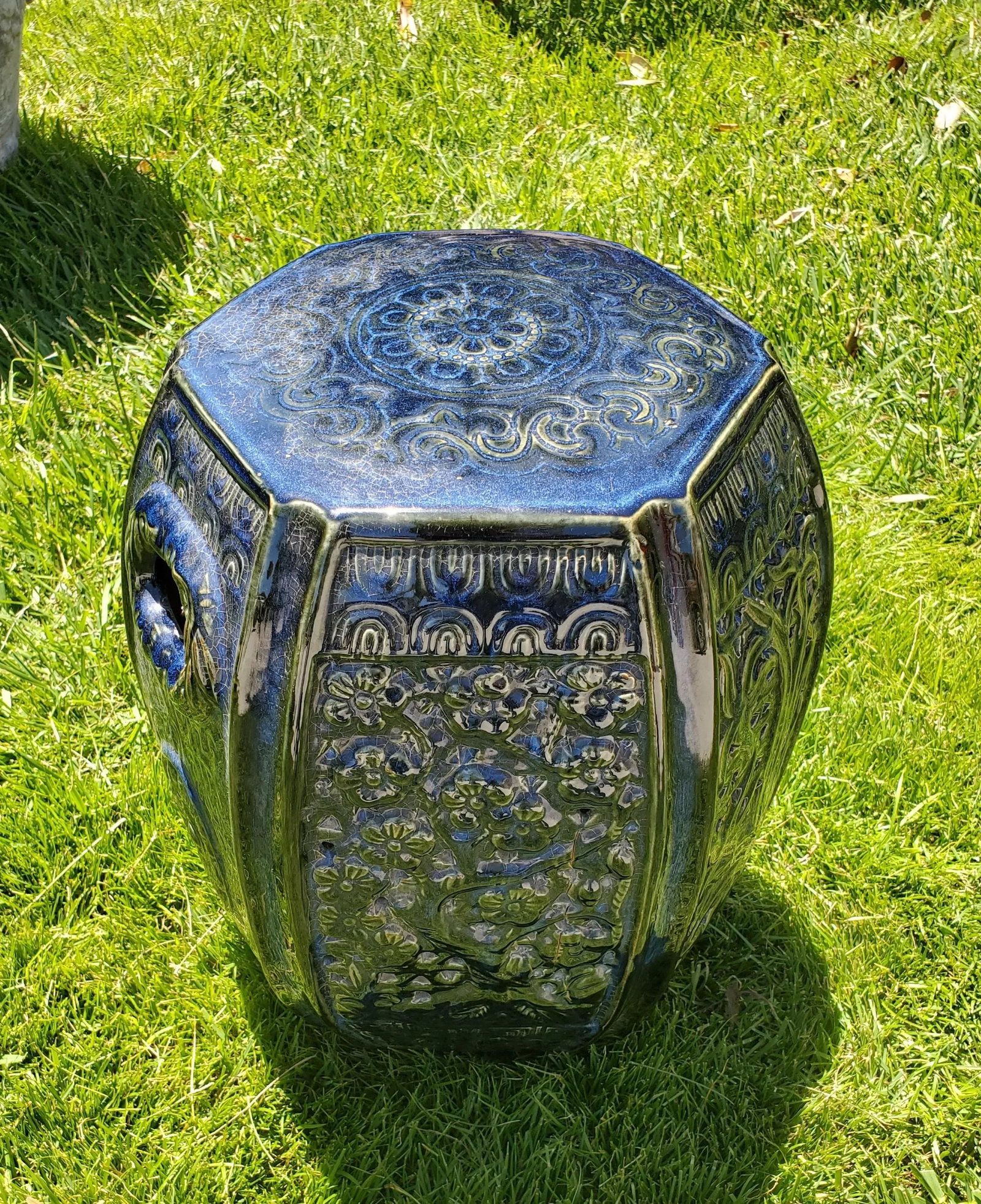 1980s Vintage Indigo Blue Glazed Hexagon Asian Pottery Garden Stool Table - 5