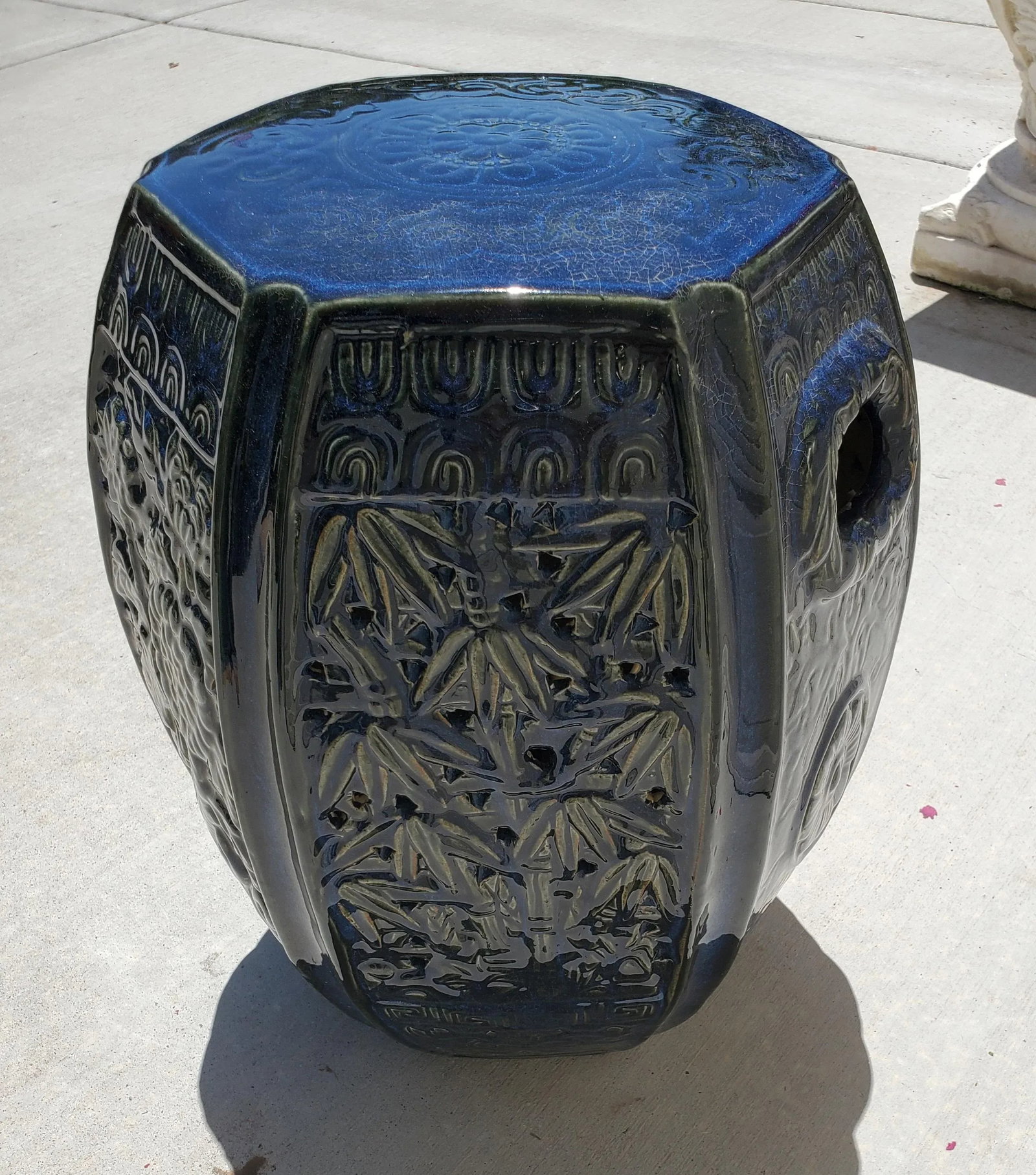 1980s Vintage Indigo Blue Glazed Hexagon Asian Pottery Garden Stool Table - 6