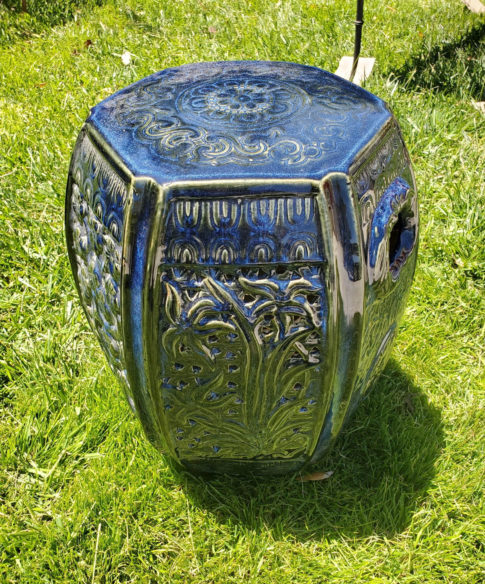 1980s Vintage Indigo Blue Glazed Hexagon Asian Pottery Garden Stool Table - 7
