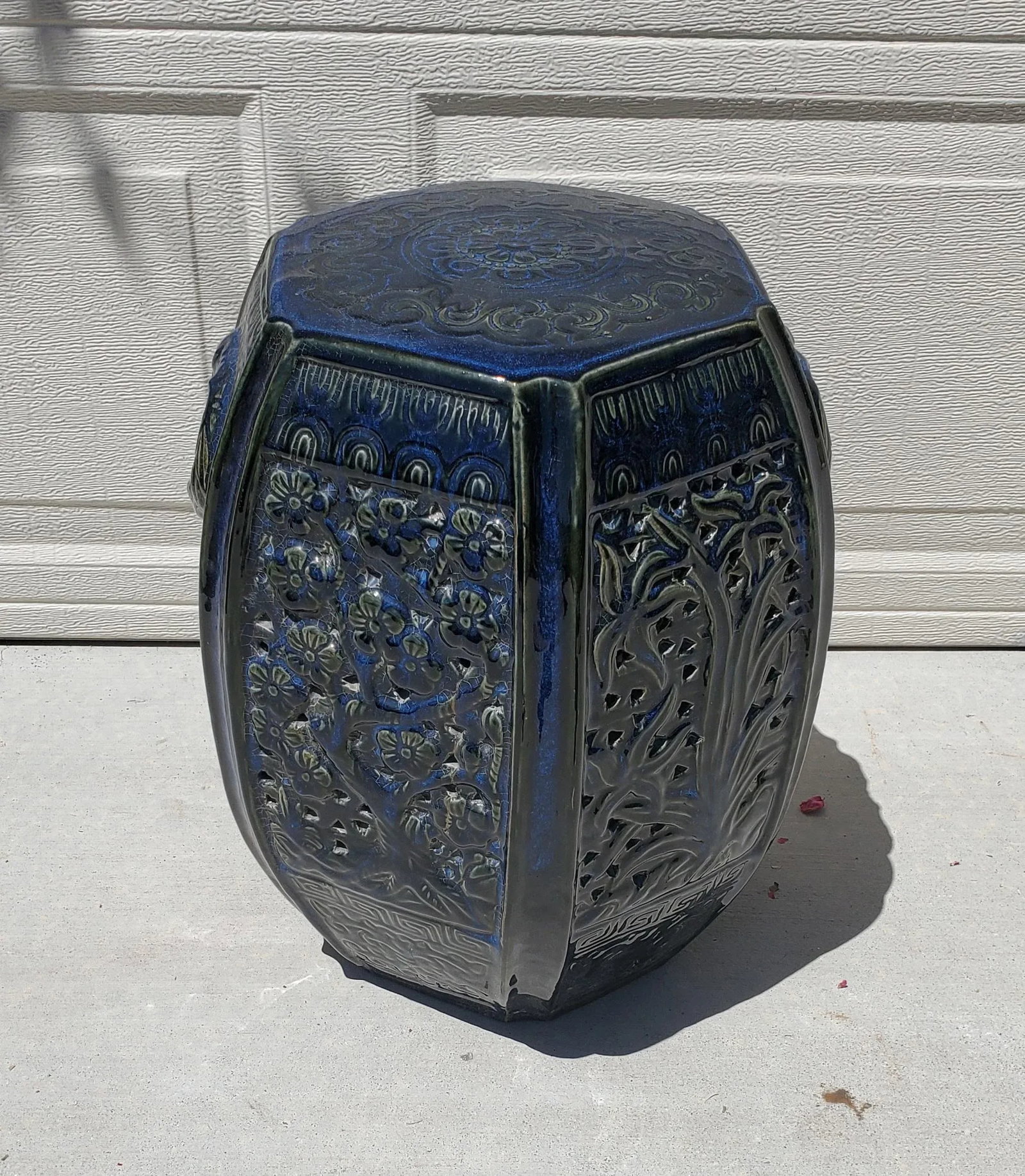 1980s Vintage Indigo Blue Glazed Hexagon Asian Pottery Garden Stool Table - 9