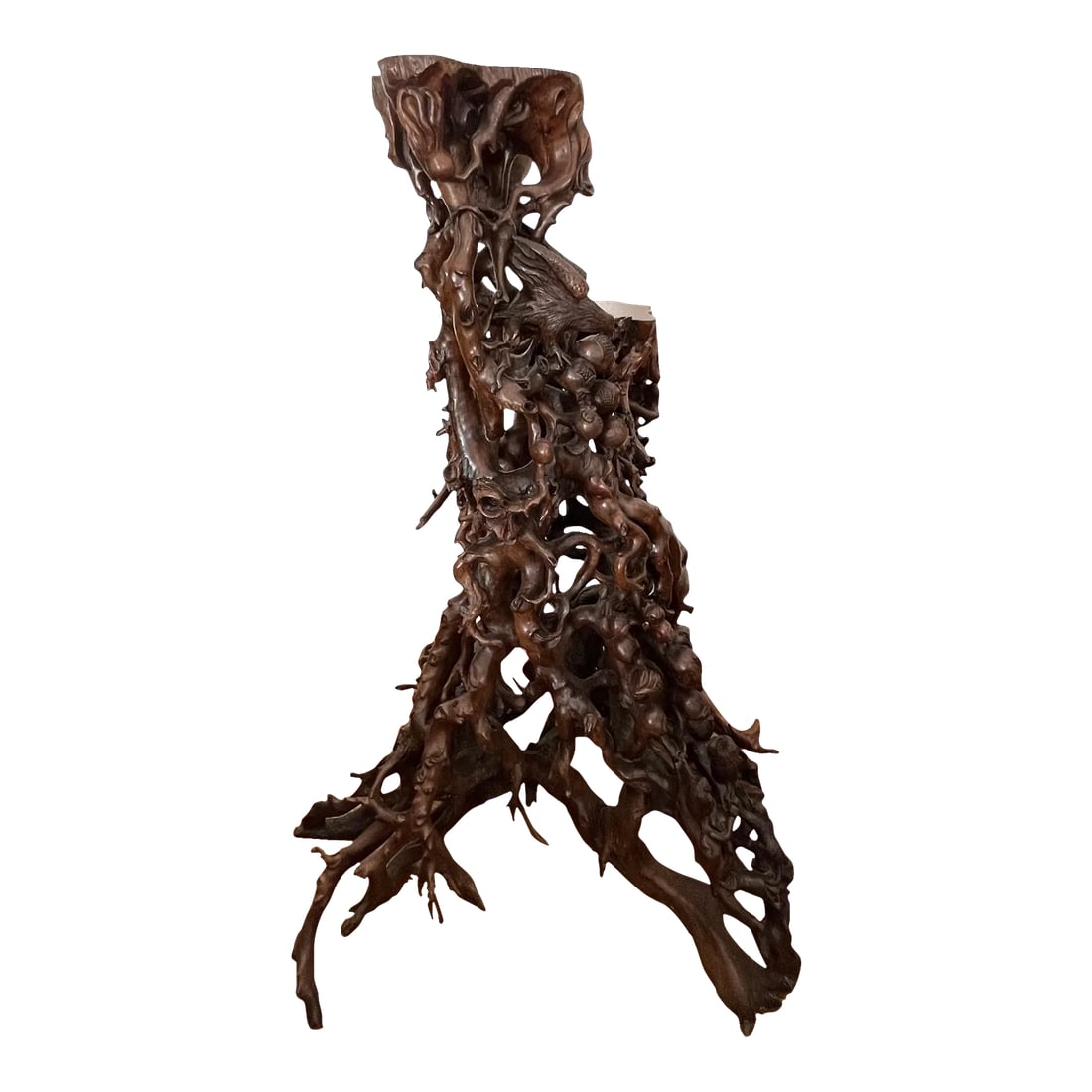 Vintage Tree Root Sculpture With Birds and Monkeys: This fabulous tree trunk and root sculpture has many interesting stories to tell, but I think I would talk about its provenance. It came to me over 20 years ago from a dealer in Texas who has