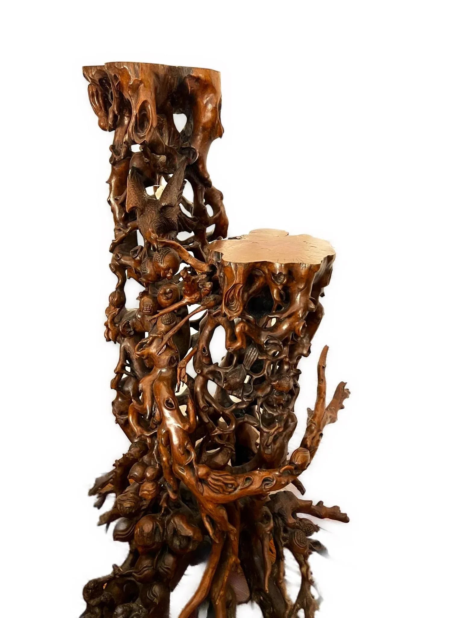 Vintage Tree Root Sculpture With Birds and Monkeys - 2