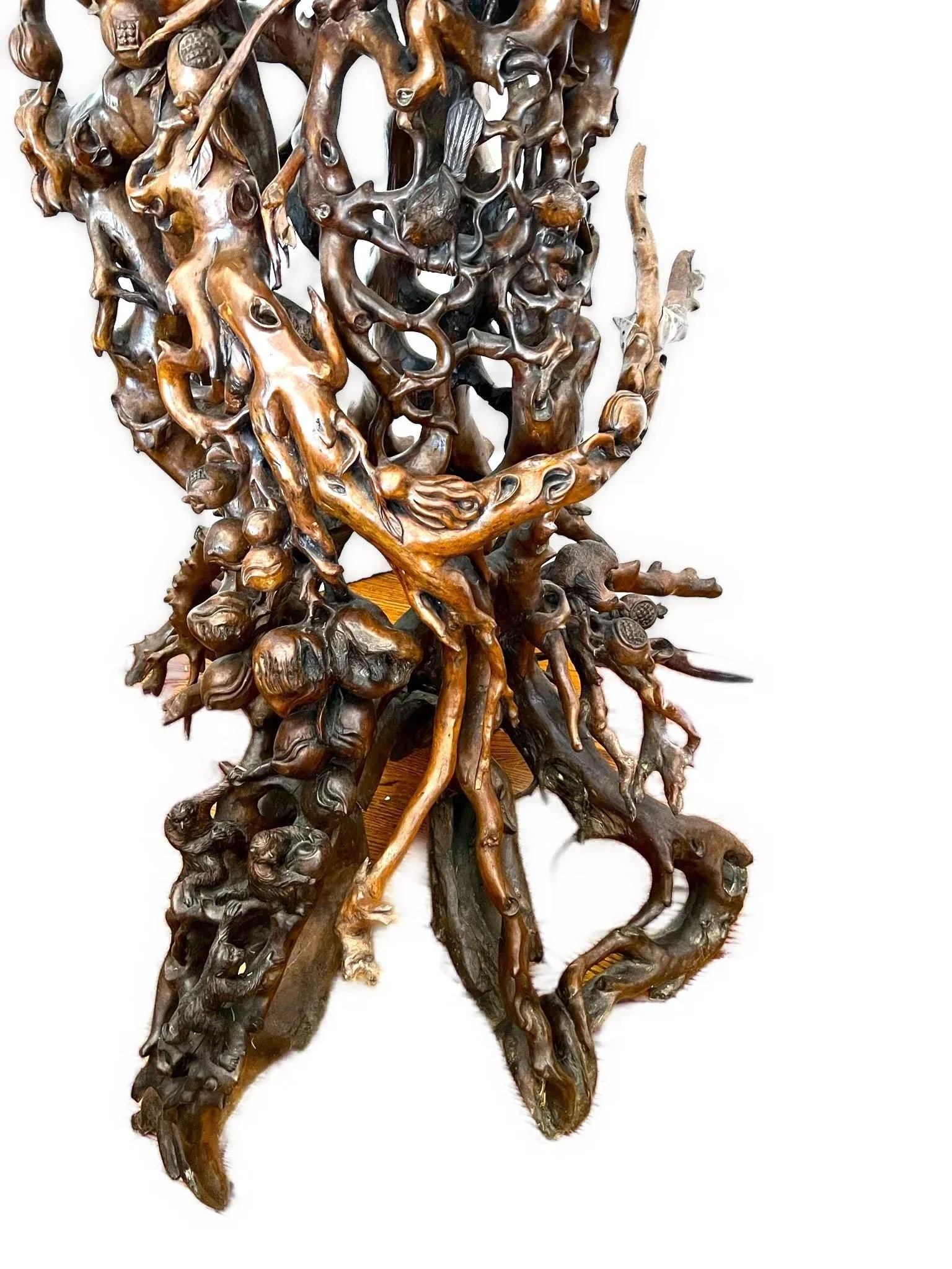 Vintage Tree Root Sculpture With Birds and Monkeys - 6