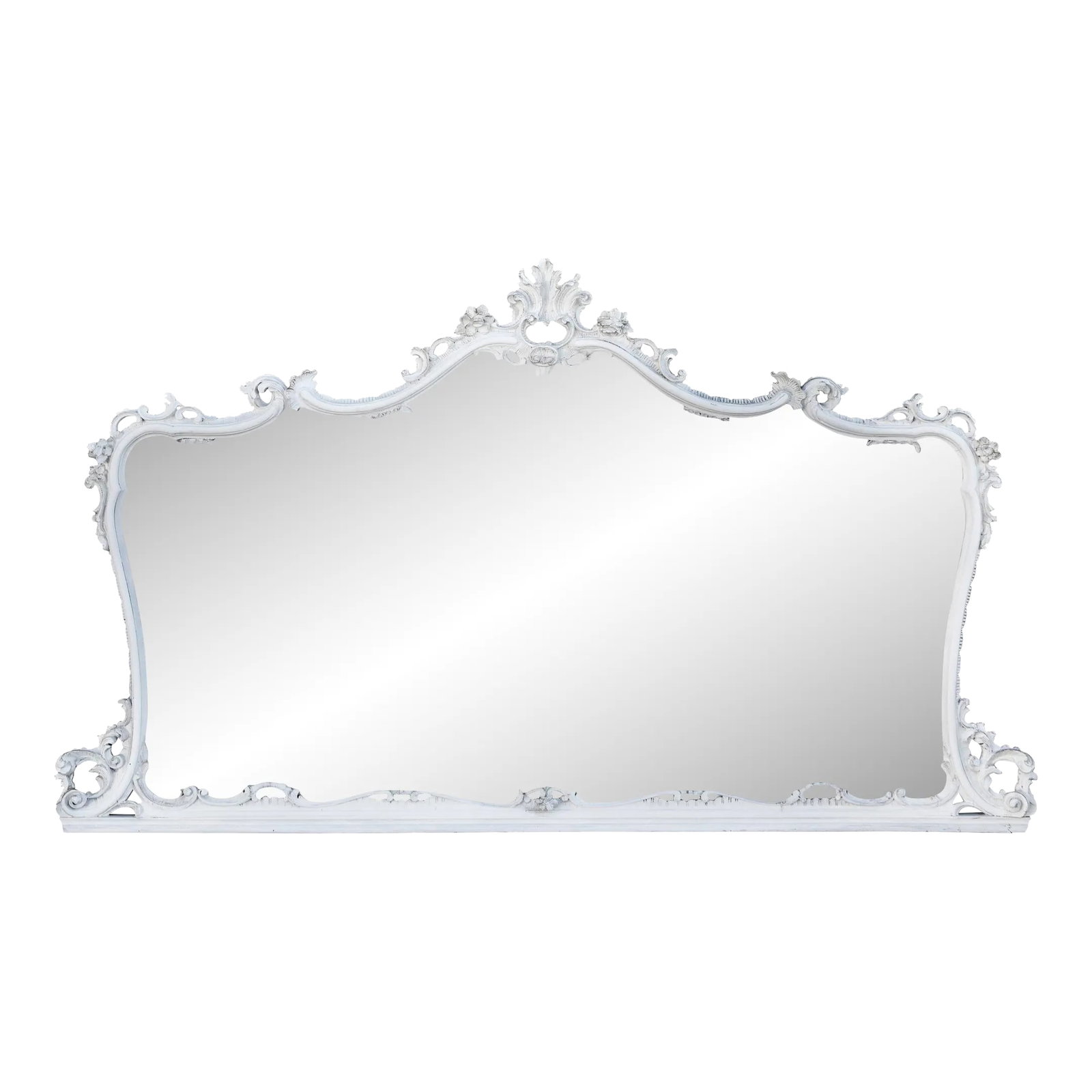 Mid 20th Century Monumental Italian Hand Carved White Mantle Mirror: An amazing piece, a mirror in a stunning frame with exception carving, new hardwood backing. Fresh new hand painted in white & topped with a wax finish. The mirror can sit on a sideboard or mantle,