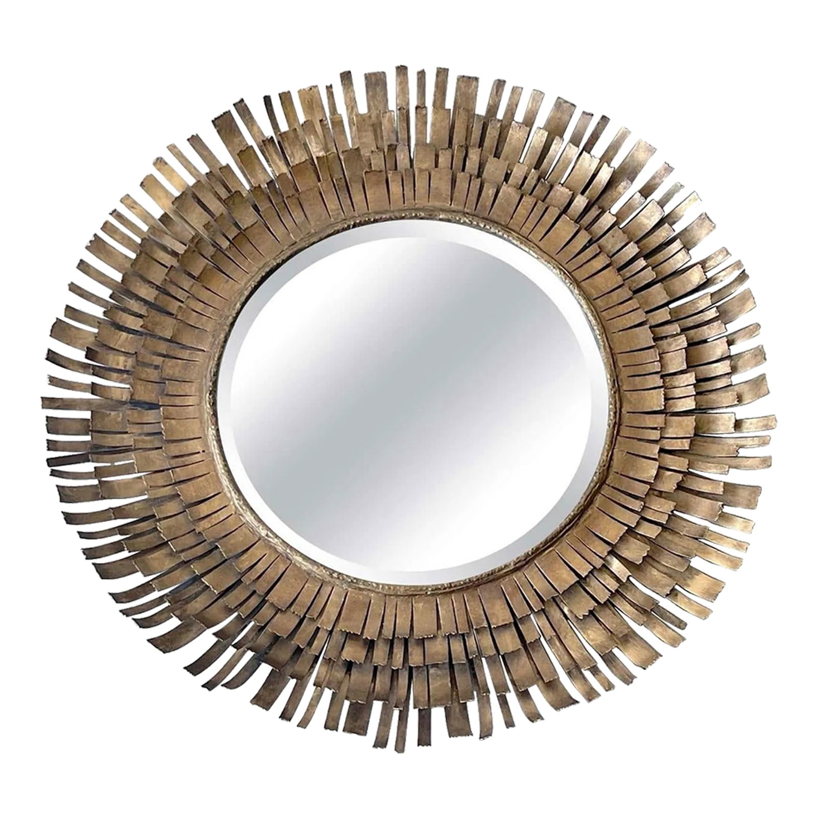 Mid Century Curtis Jere Style Metal Eyelash Mirror: Mid Century Curtis Jere Style Large Metal Eyelash Mirror . Layered Eyelash Effect of Metal Adorning a Round Beveled Mirror . Condition: Alterations: Original Condition Unaltered Imperfections: Some Im
