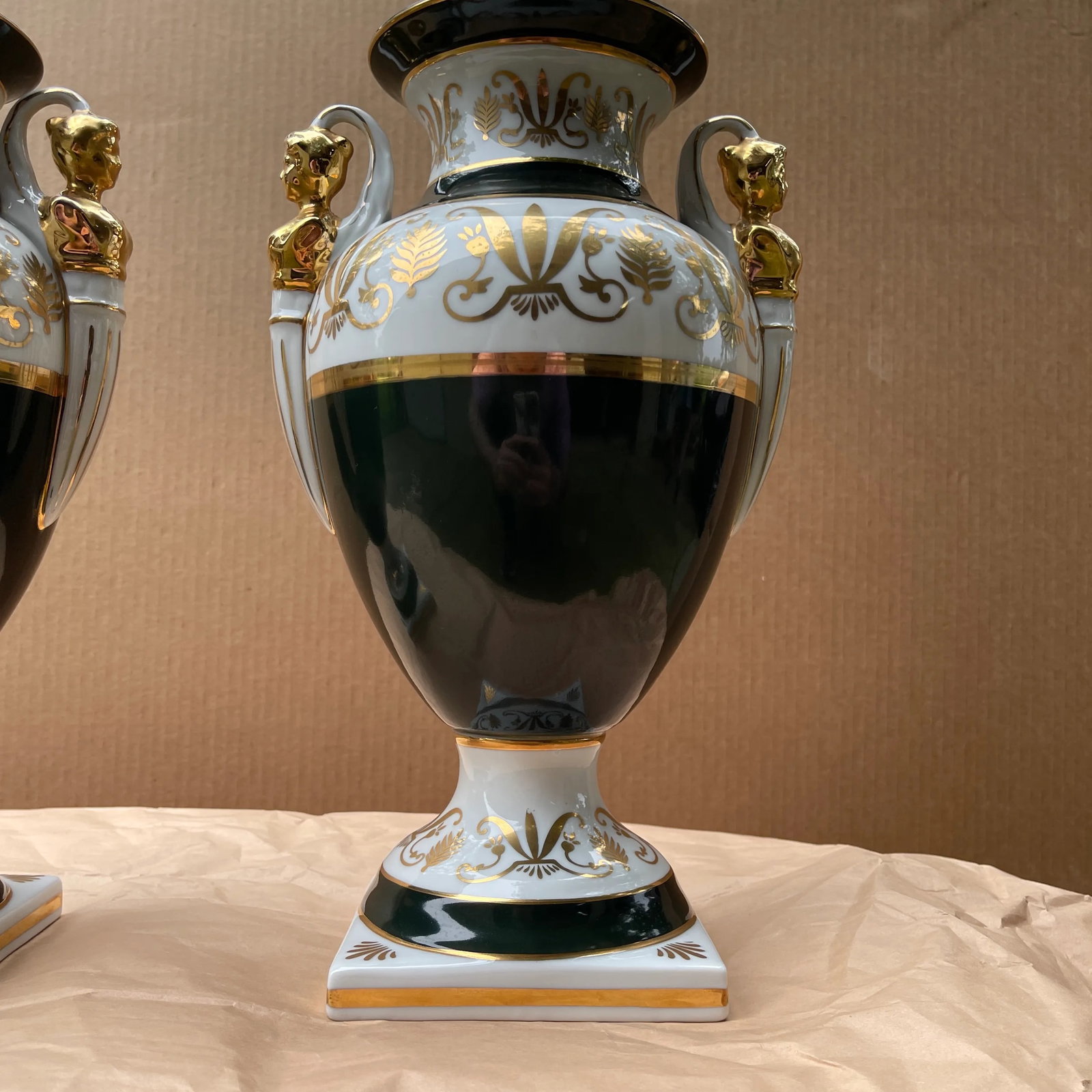 Pair of French Empire Style Forest-Green and Parcel-Gilt Pyriform Double-Handled Urns - 2