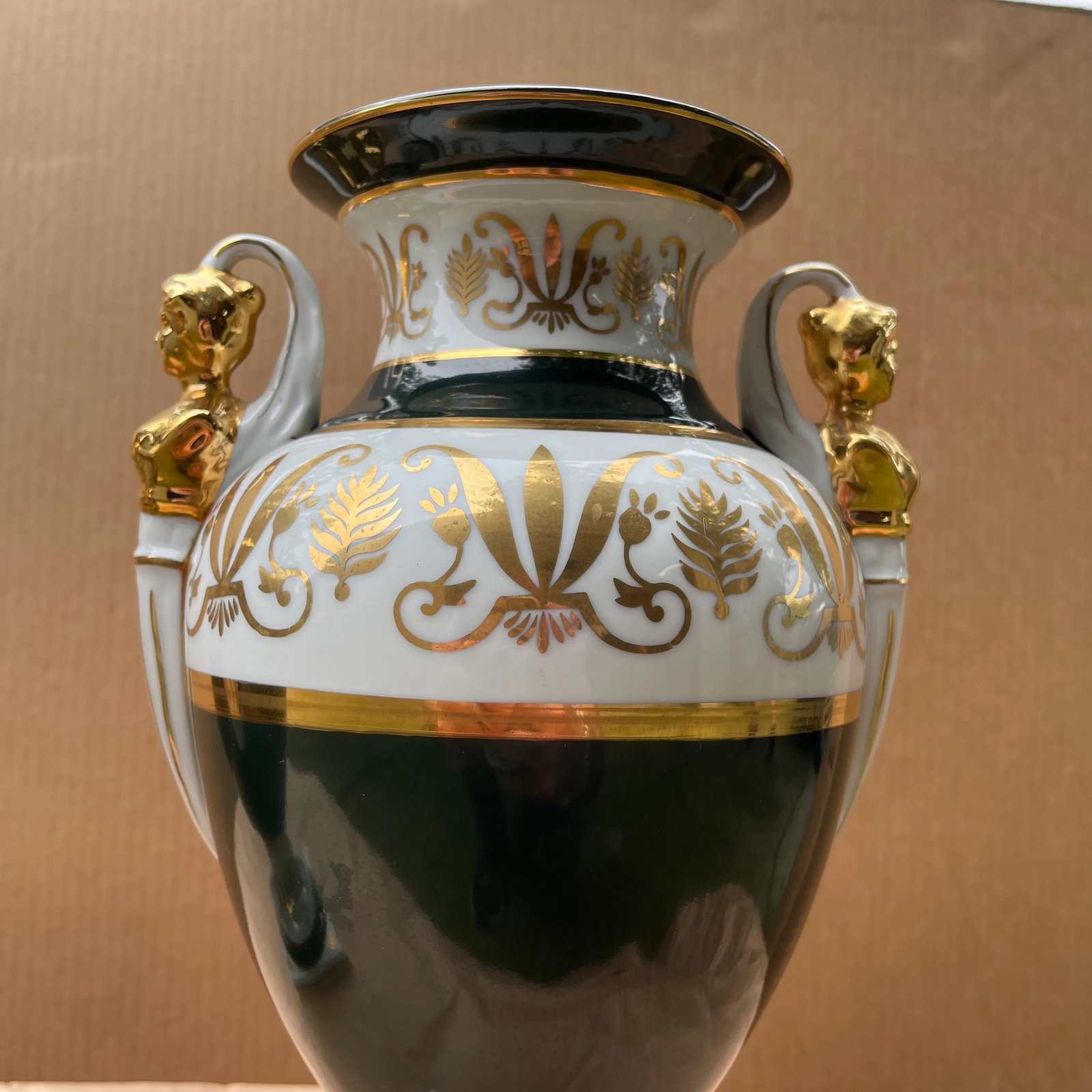 Pair of French Empire Style Forest-Green and Parcel-Gilt Pyriform Double-Handled Urns - 3