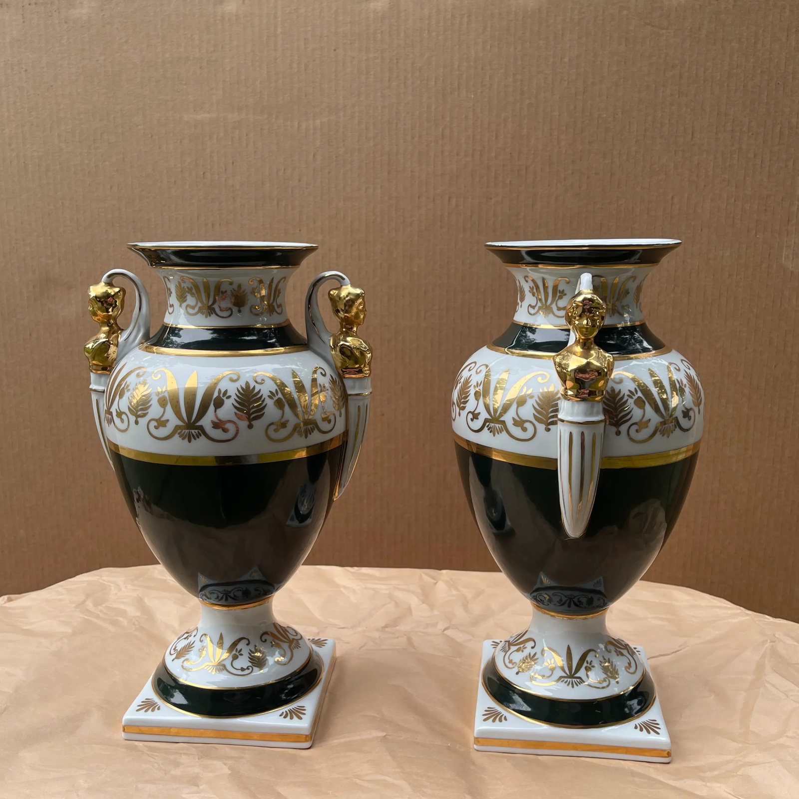 Pair of French Empire Style Forest-Green and Parcel-Gilt Pyriform Double-Handled Urns - 4