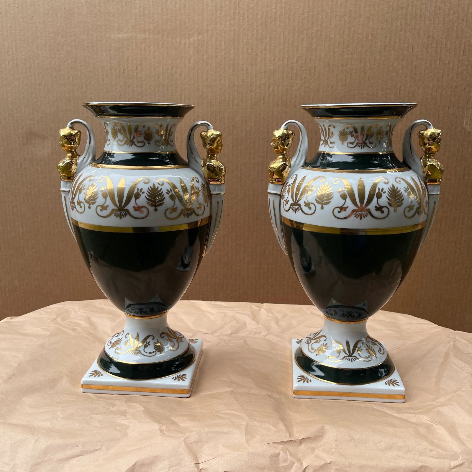 Pair of French Empire Style Forest-Green and Parcel-Gilt Pyriform Double-Handled Urns - 5