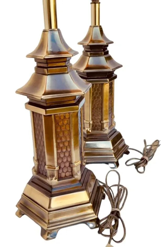 Vintage Heavy Brass Chinoiserie Hollywood Regency Pagoda Table Lamps-A Pair - 10