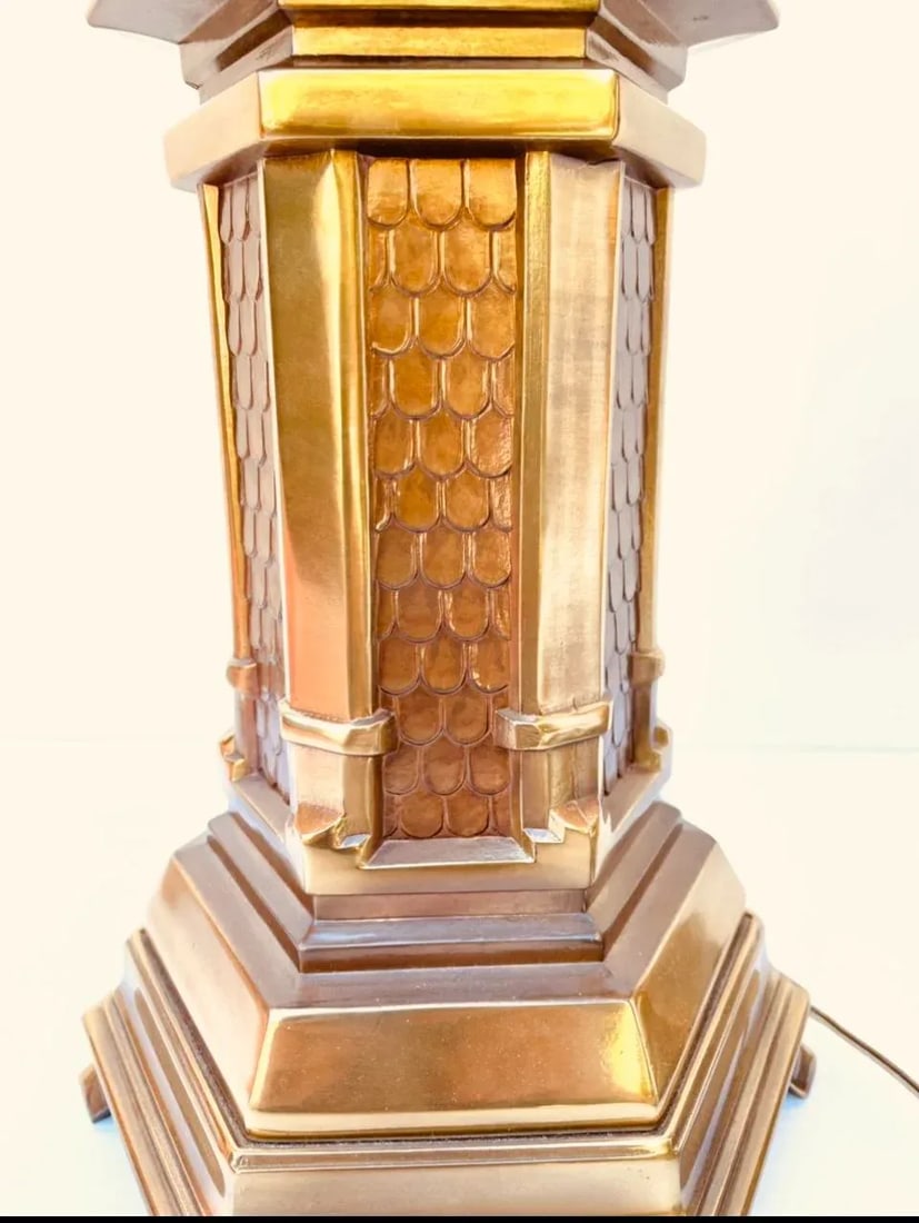 Vintage Heavy Brass Chinoiserie Hollywood Regency Pagoda Table Lamps-A Pair - 12