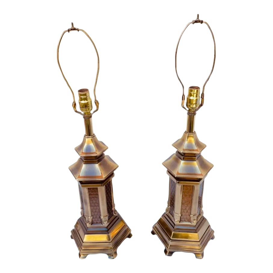 Vintage Heavy Brass Chinoiserie Hollywood Regency Pagoda Table Lamps-A Pair: Gorgeous heavy brass vintage table lamps. These chinoiserie lamps feature a 6-sided panel pagoda. They represent Hollywood Regency at its best. Each panel has molded scallops/scales. The pagoda symbol