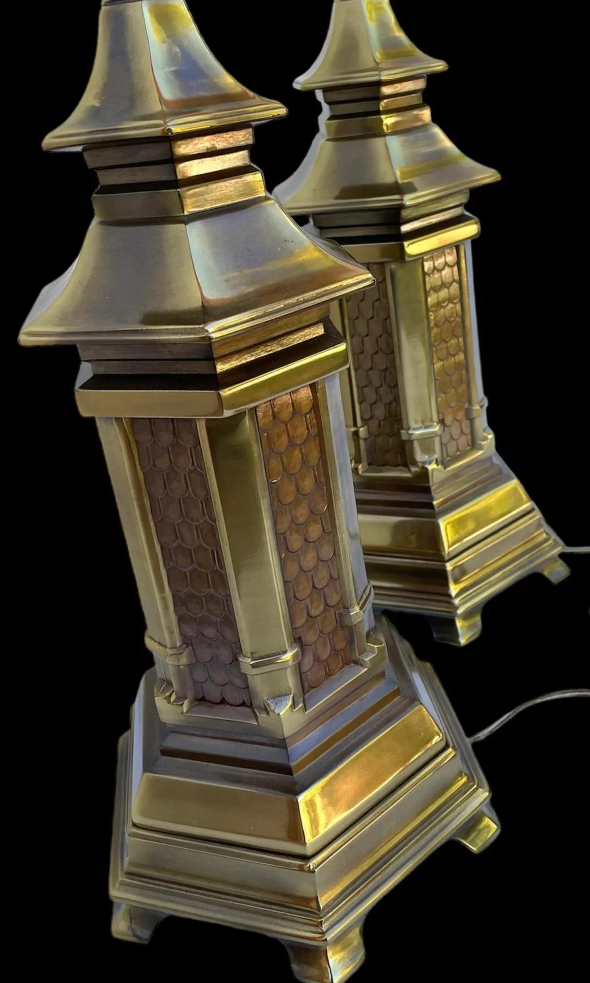 Vintage Heavy Brass Chinoiserie Hollywood Regency Pagoda Table Lamps-A Pair - 2