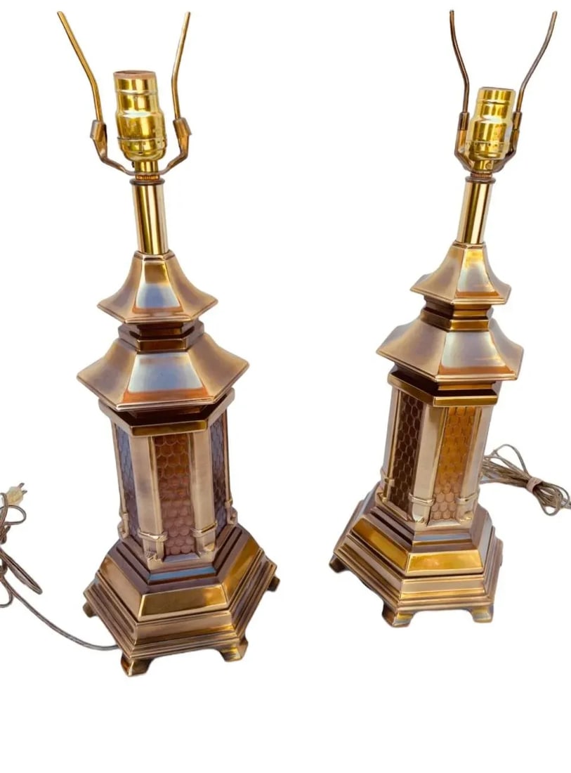 Vintage Heavy Brass Chinoiserie Hollywood Regency Pagoda Table Lamps-A Pair - 3